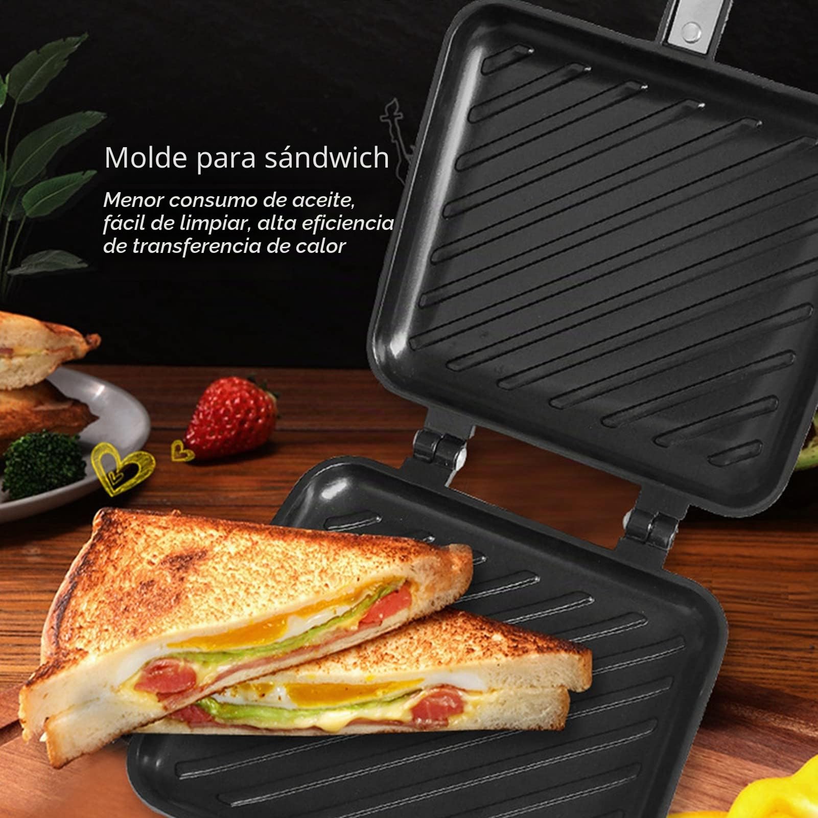 Sartén Doble Cara Antiadherente para Sándwiches y Huevos de Aluminio Negro 580g Compatible con Gas