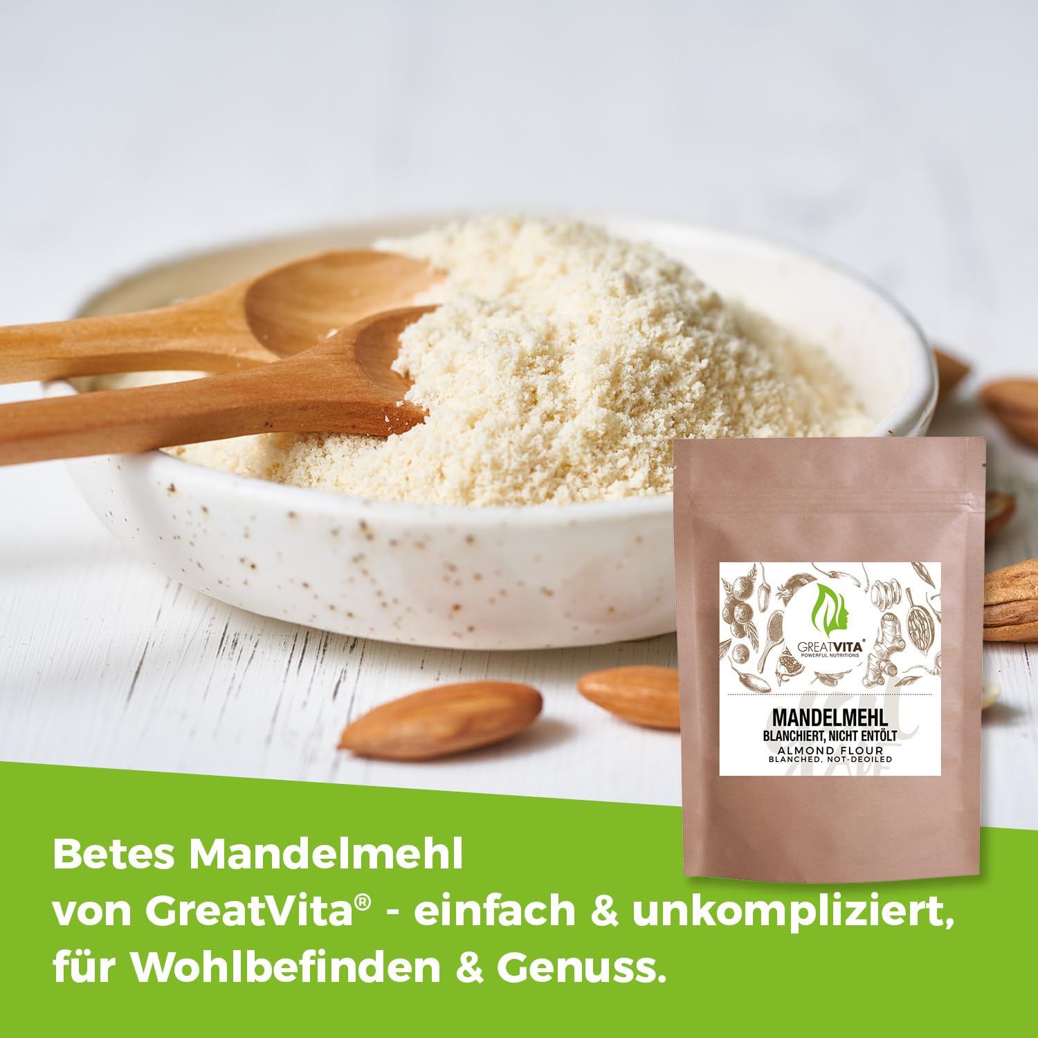 GreatVita mąka migdałowa, 5 x 1000 g, naturalna i blanszowana, drobna mąka ze zmielonych migdałów, idealna do kuchni niskowęglowodanowej, pieczenia i panierowania, bogata w białko i błonnik, wegańska