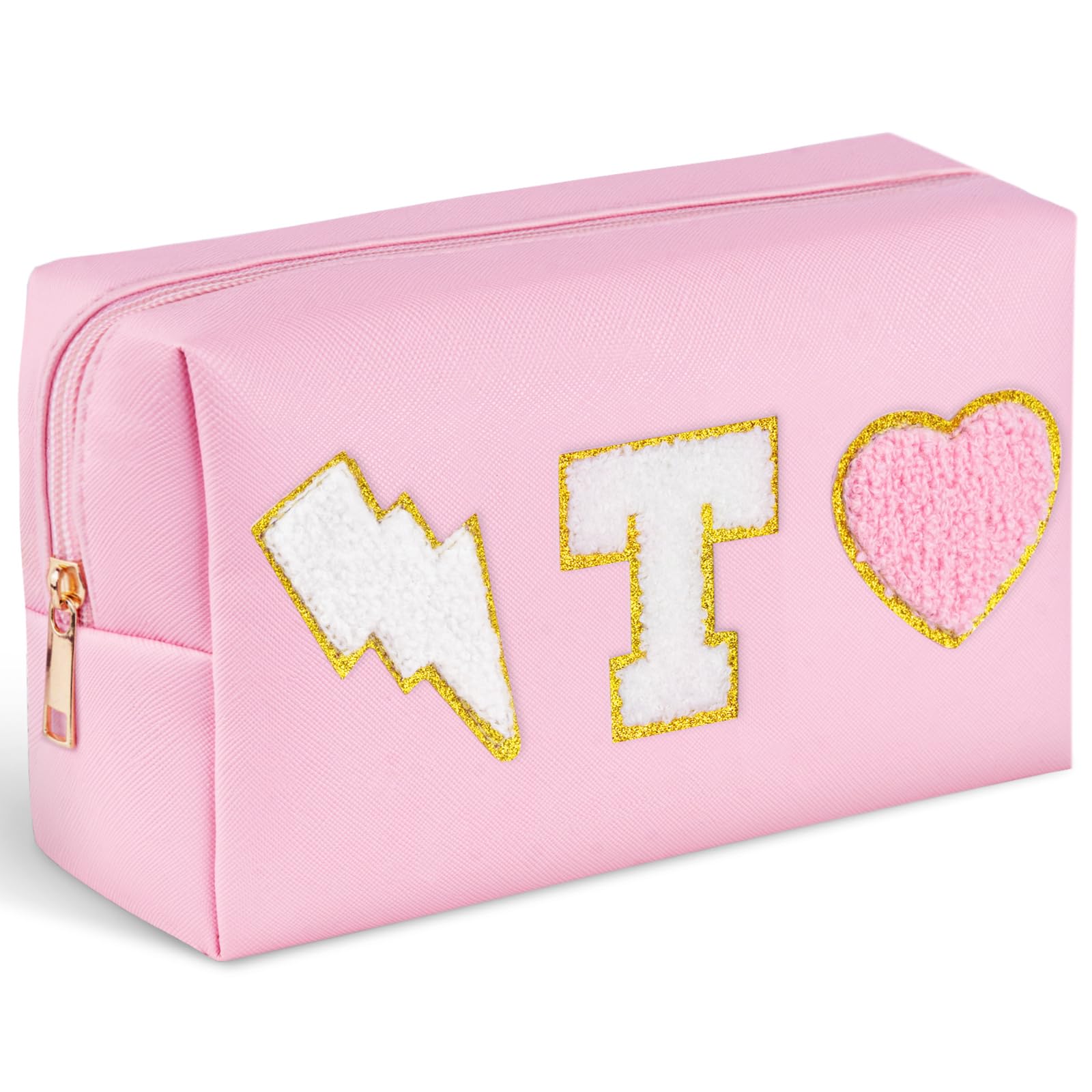 TOPEAST Initial Makeup Bag, Preppy Stuff for Teen Girls, Personalized Birthday Gift for Women Friend, Monogram Cosmetic Bag with Zipper Letter Patch Bag, Pink T