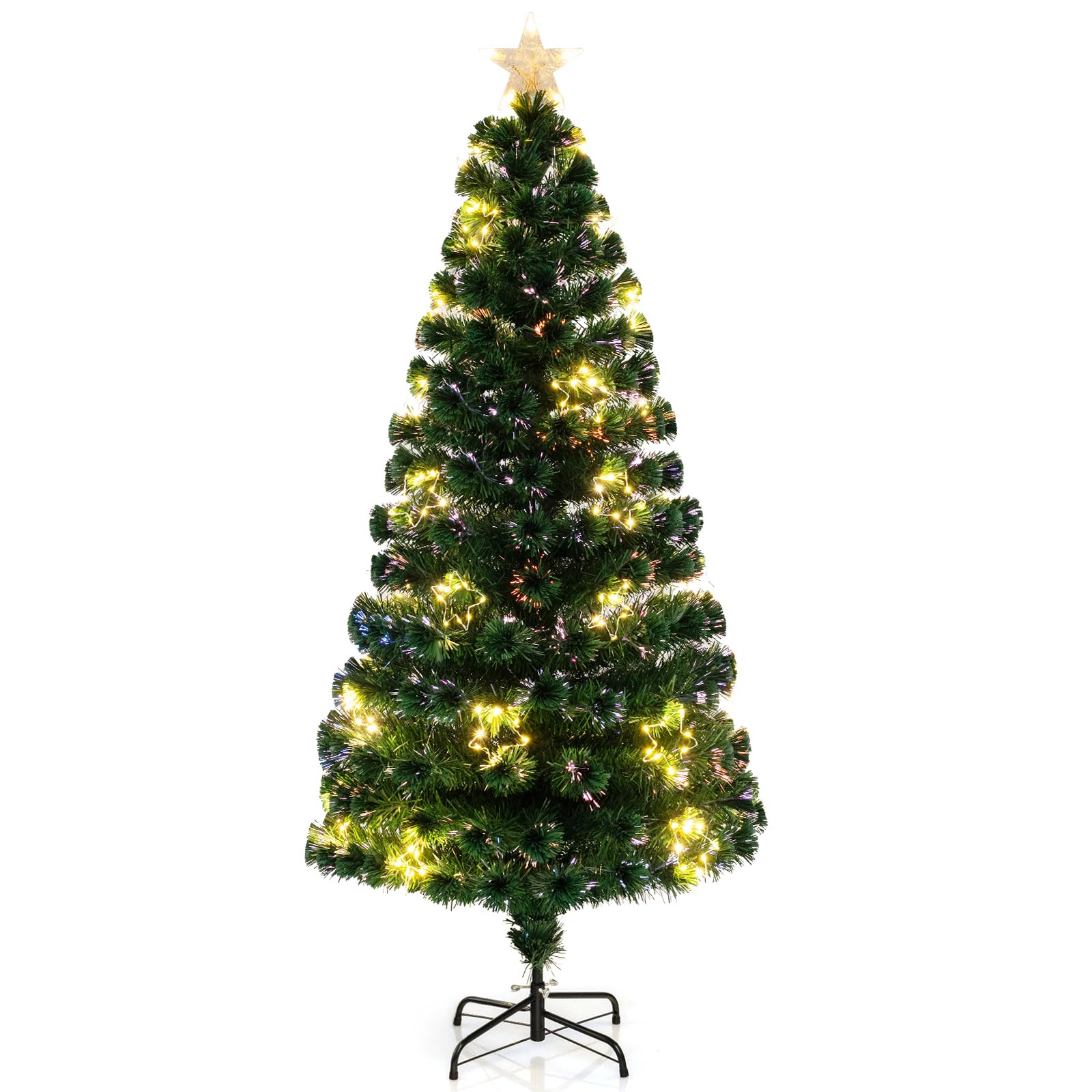 COSTWAY Künstlicher Weihnachtsbaum mit Beleuchtung, 180 cm Tannenbaum aus Glasfaser mit 36 warmweißen LED-Lichtern & 230 Zweigspitzen, Christbaum Kunstbaum beleuchtet mit Sternspitze für Zuhause Büro