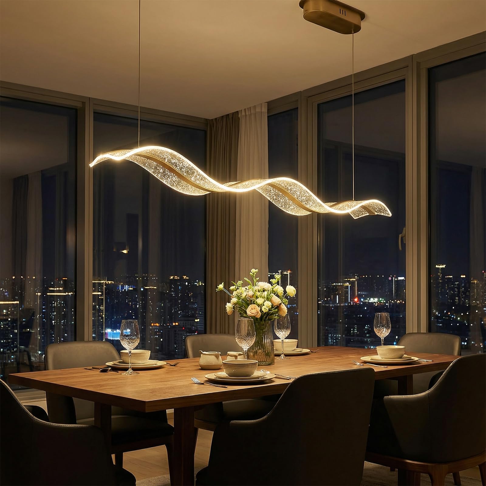 View 1 of ***MINOR DAMAGE TO THE GLASS***
BOSHANGMEI Modern LED Chandelier, Wave-Shaped Pendant Light with Gold Frame and Starry Acrylic Shade, Dimmable Ceiling Light Fixture for Dining Room, Kitchen Island, Living Room, Bedroom
