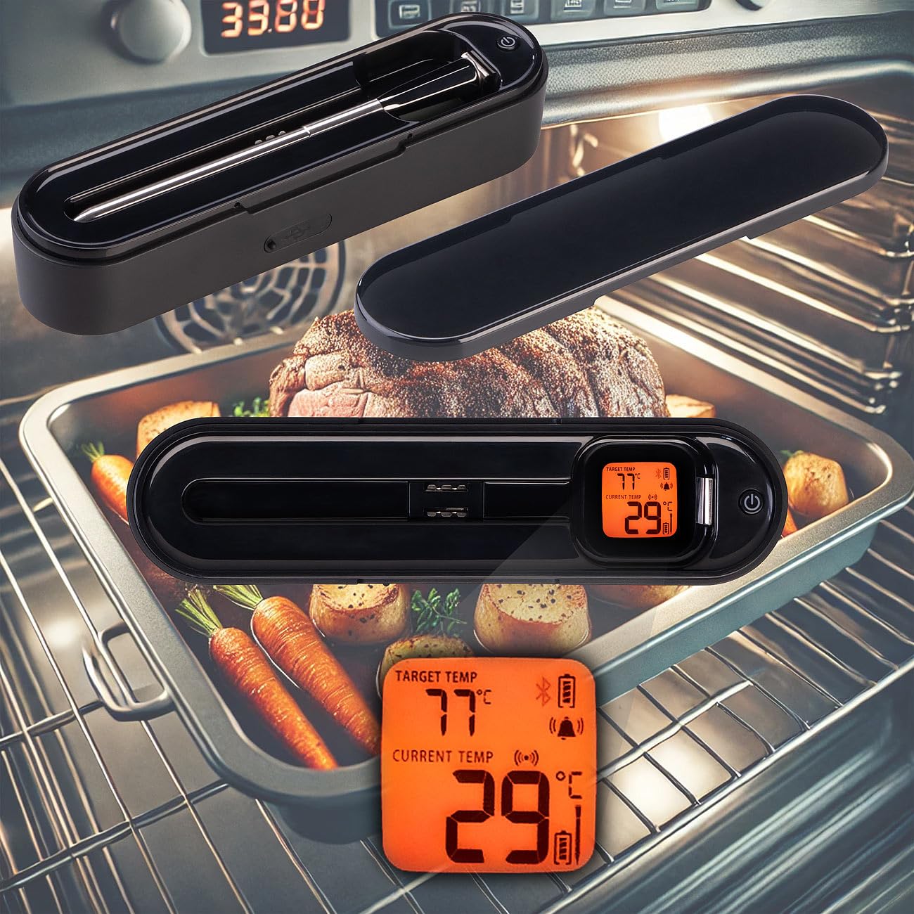 Rosenstein & Söhne Rindfleisch-Thermometer: 2er-Set kabellose smarte Fleisch-, Braten- & Grill-Thermometer,BT5,App (Grillthermometer Digital Funk, Digital-Bratenthermometer, Grillspiesse)