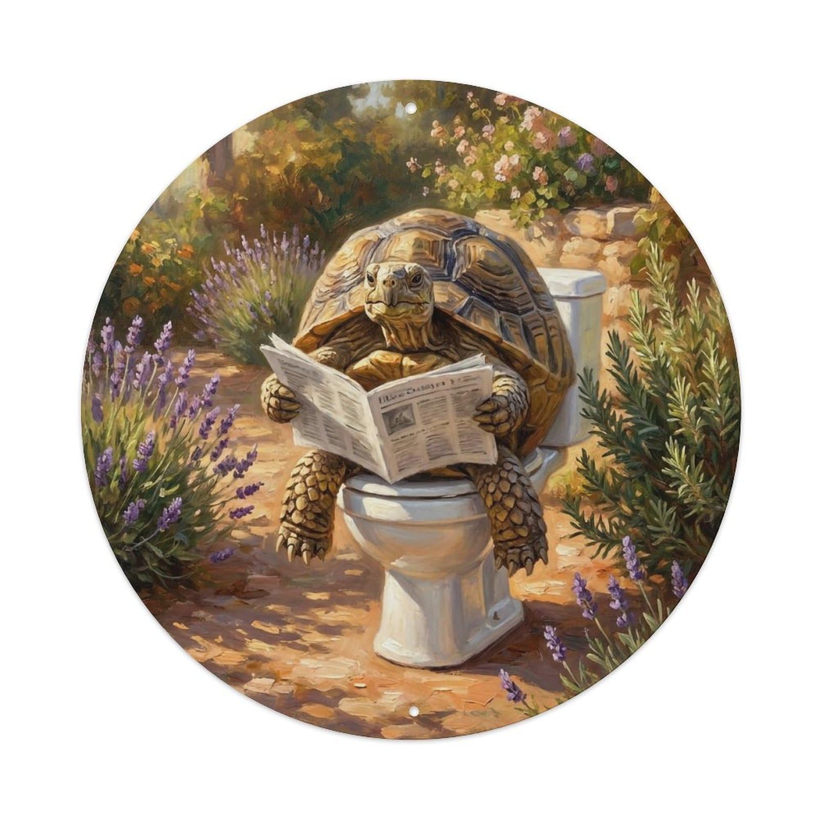 Tortoise On Toilet Humorous Bathroom Garden Path Reads Metal Tin Sign