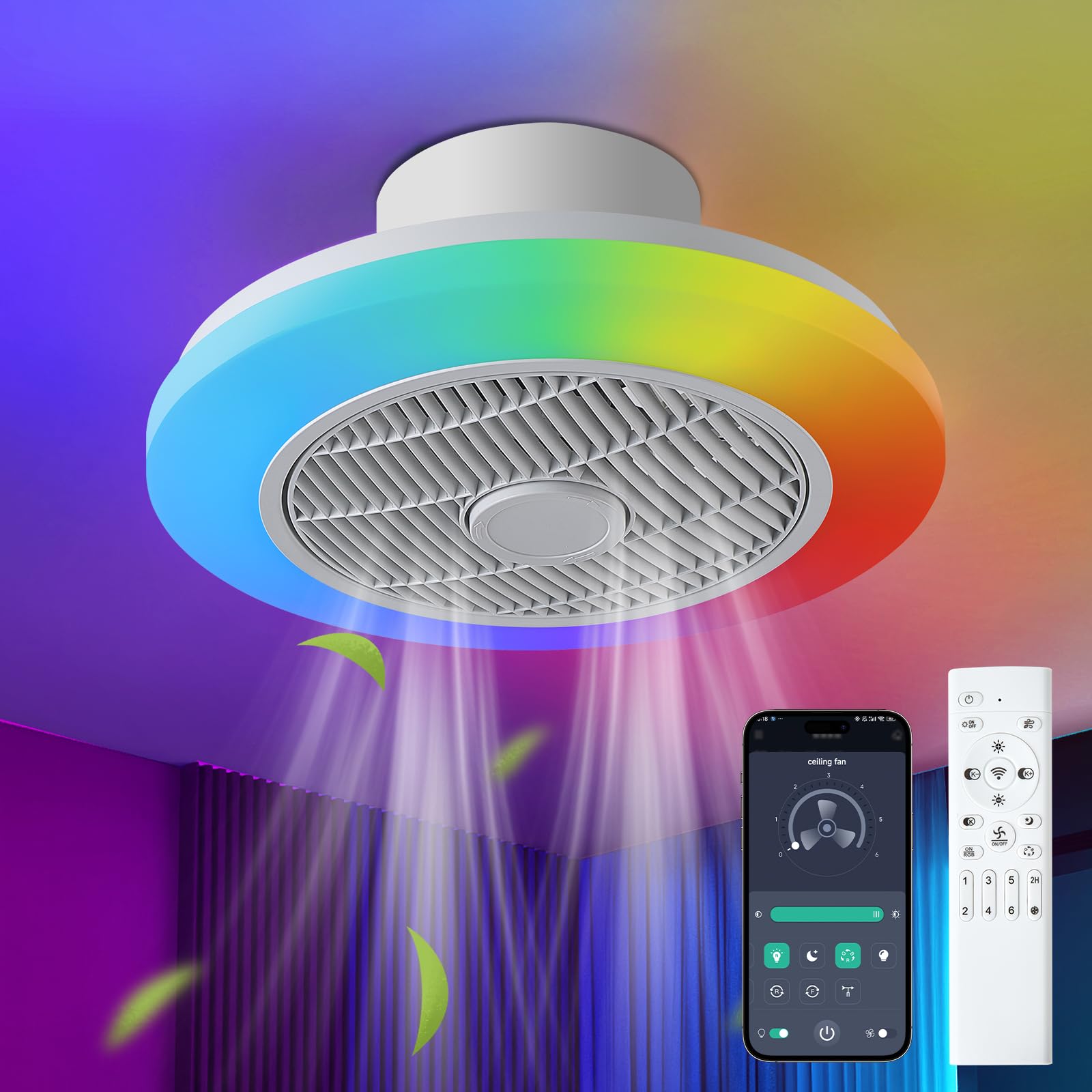 IZOWE Ventilador de Techo RGB Regulable Ventilador Techo con Luz Reversible 6 Vueltas Ventilador de Techo con Luz Silencioso 3 Colores LED Lampara Ventilador 39cm Pequeño Luz Ventilador Techo Fiesta