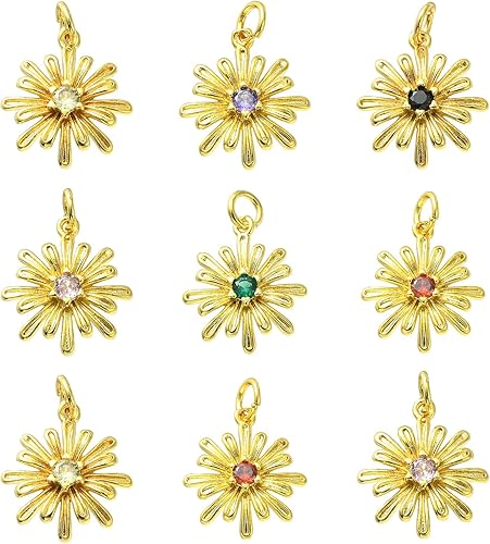 Ipotkitt 20 dijes de flores de latón con circonita cúbica con anillo de salto, dijes en forma de flor para manualidades, pulseras, collares, joyería