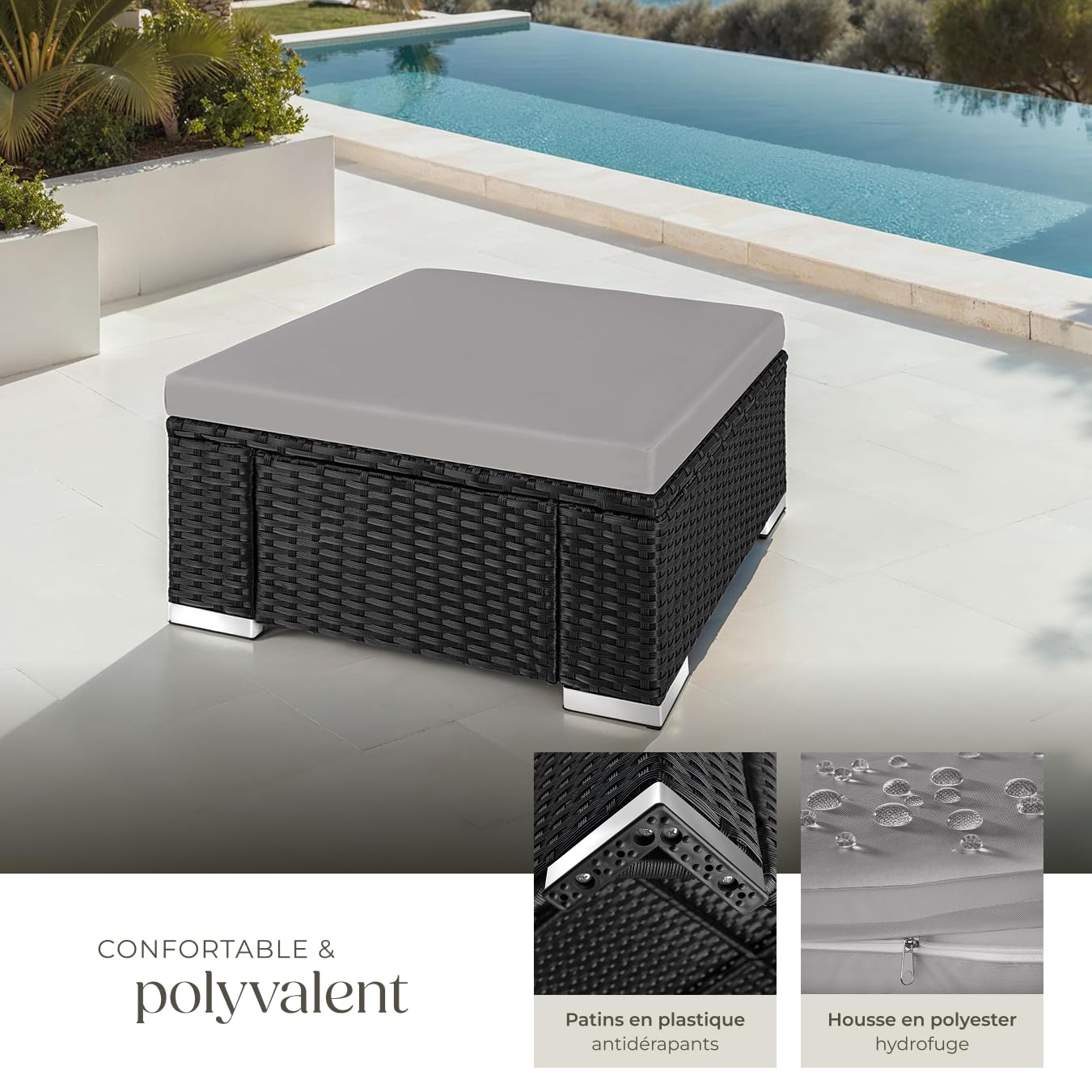 tectake® Tabouret Repose Pied Pouf Salon extérieur Table Basse pour Salon de Jardin Exterieur en Résine Tressée, Pouf avec Coussin imperméable pour Amenagement Balcon Terrasse
