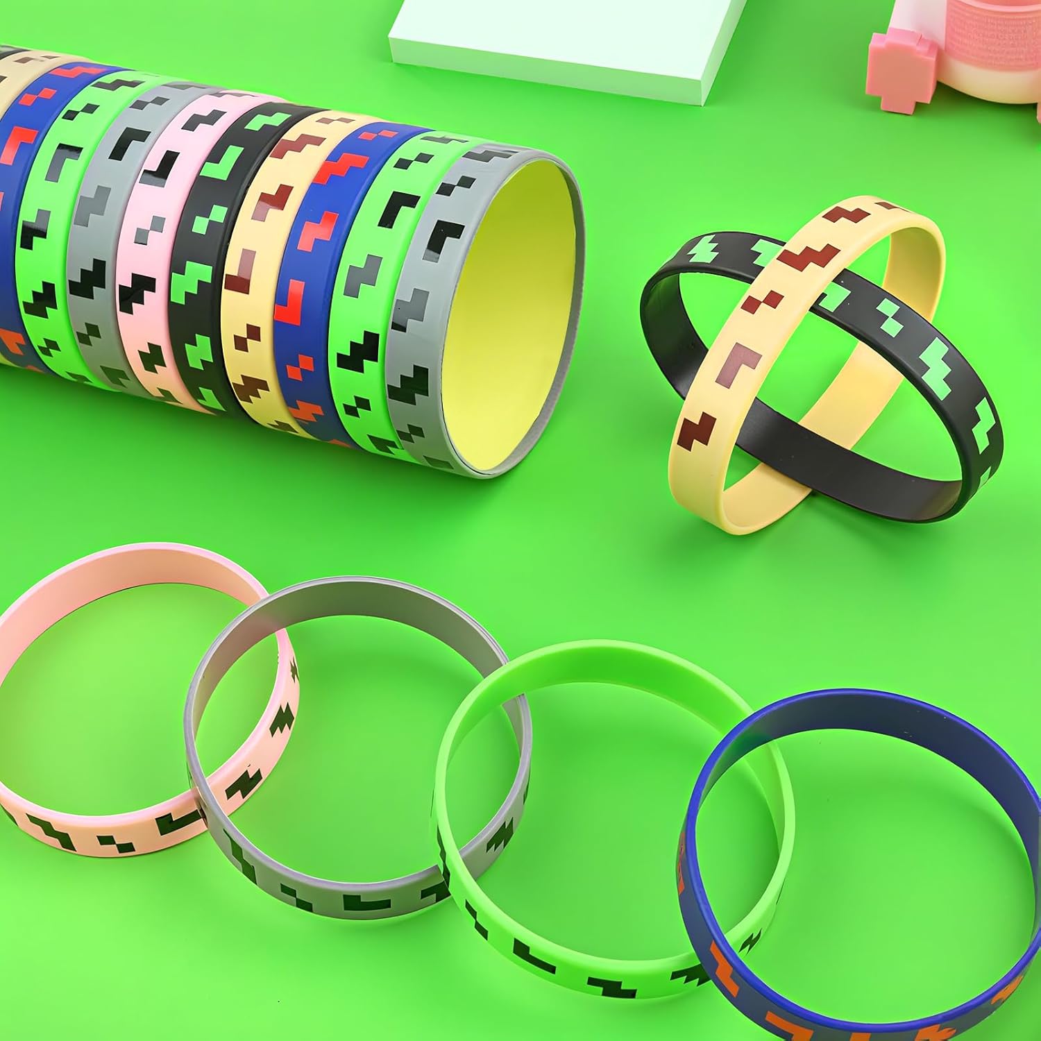 24Pcs Pixel Theme Rubber Bracelets Party Favors, Game Birthday Party Decorations Supplies, Gamer Goodie Bag Stuffers for Kids Boys Girls Gift