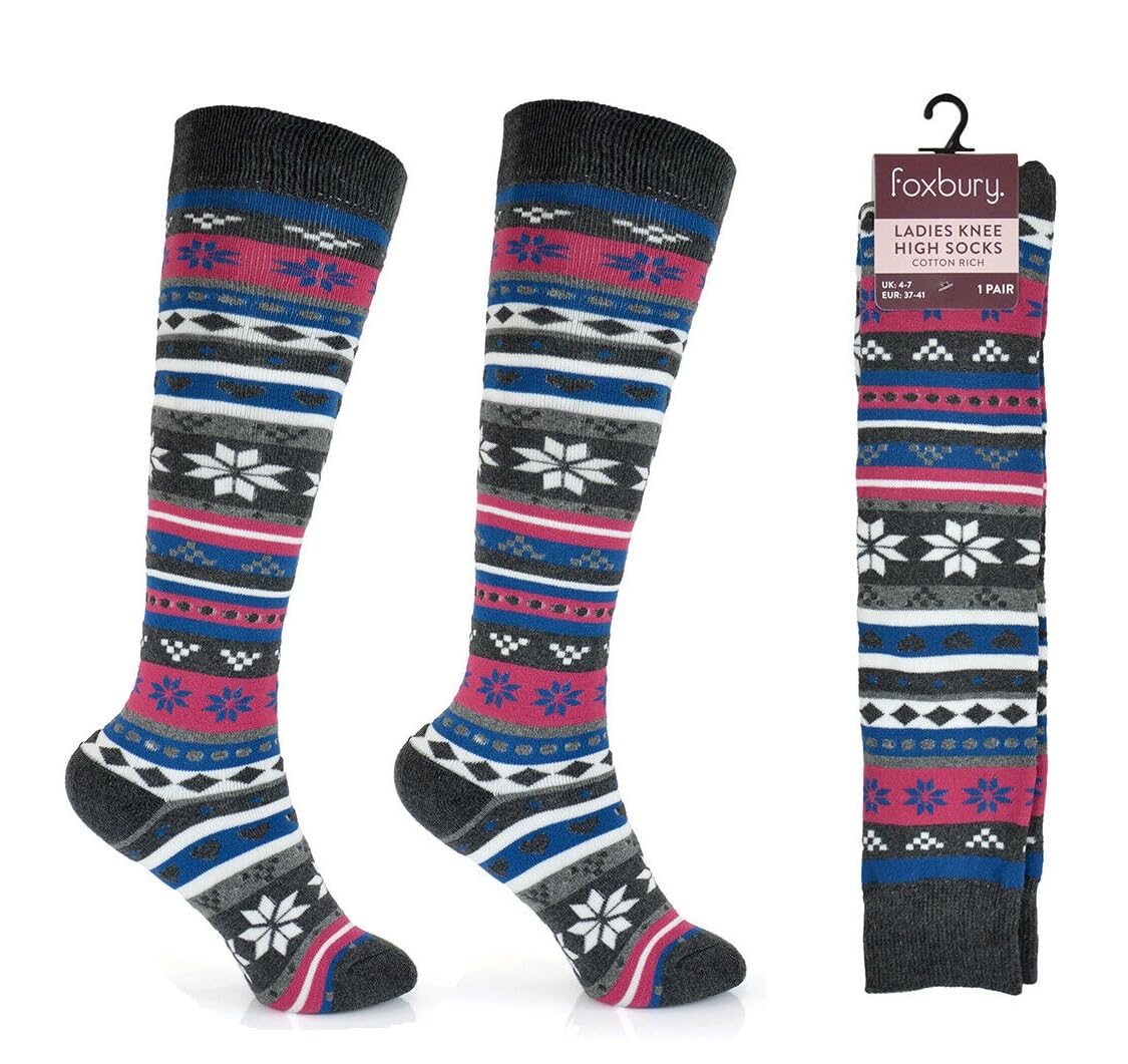 Onlybee Women's Red & Grey Wellington Boot Long Hose Cotton Rich Socks (Uk, Numeric, 4, 7, Regular, Regular, )