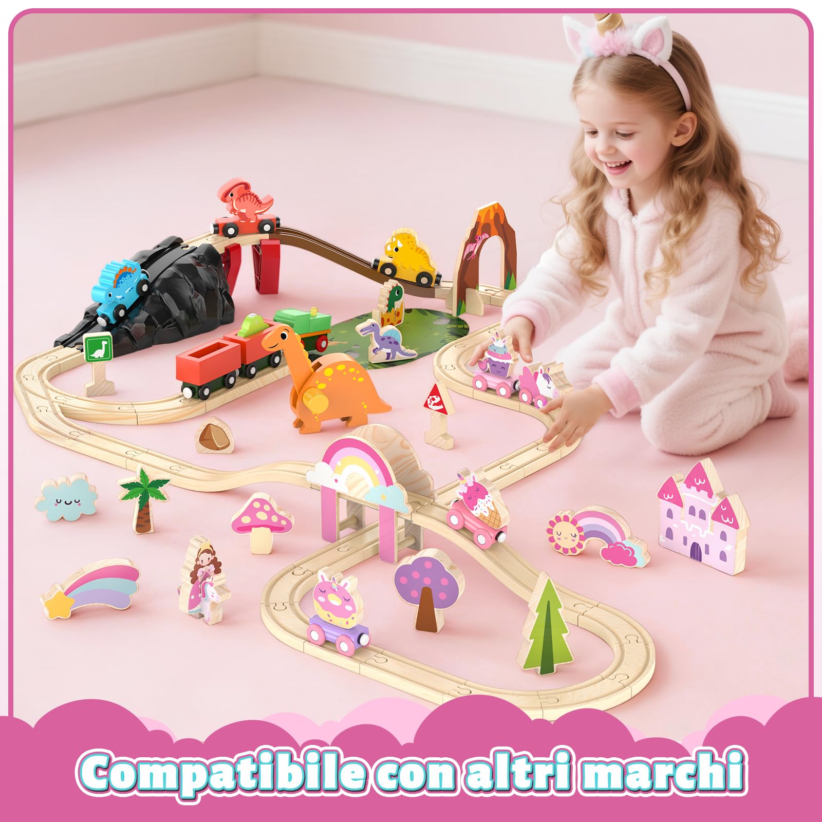 Lehoo Castle Trenino Legno, Pista in Legno per Bambini, Unicorno Bambina Regalo, Trenino Giocattolo