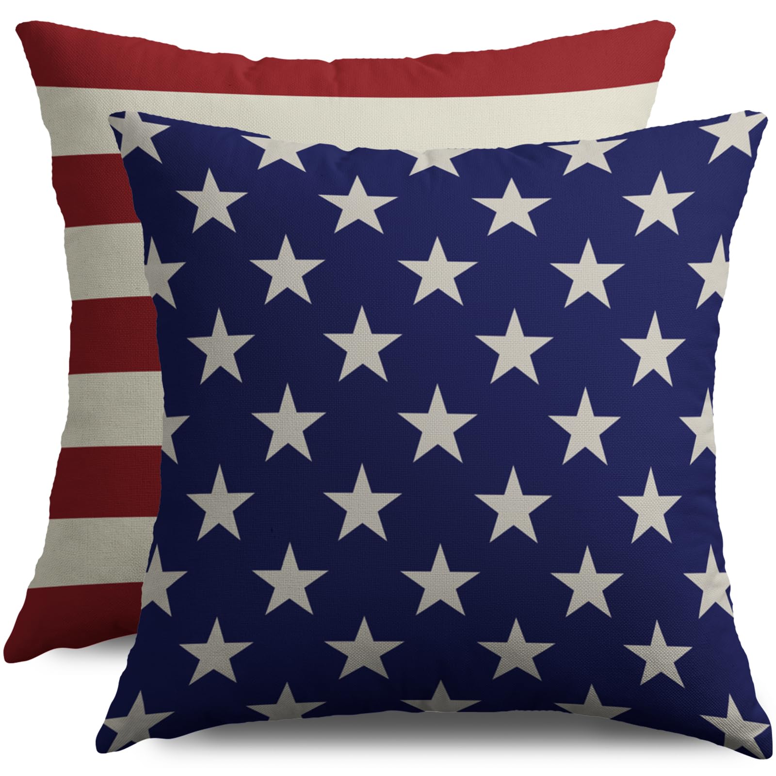 4th of July Patriotic Pillow Covers 18X18 Set of 2, Navy Blue Star Red Striped Fourth July Print Decorative Throw Pillowcases Outdoor Memorial Day