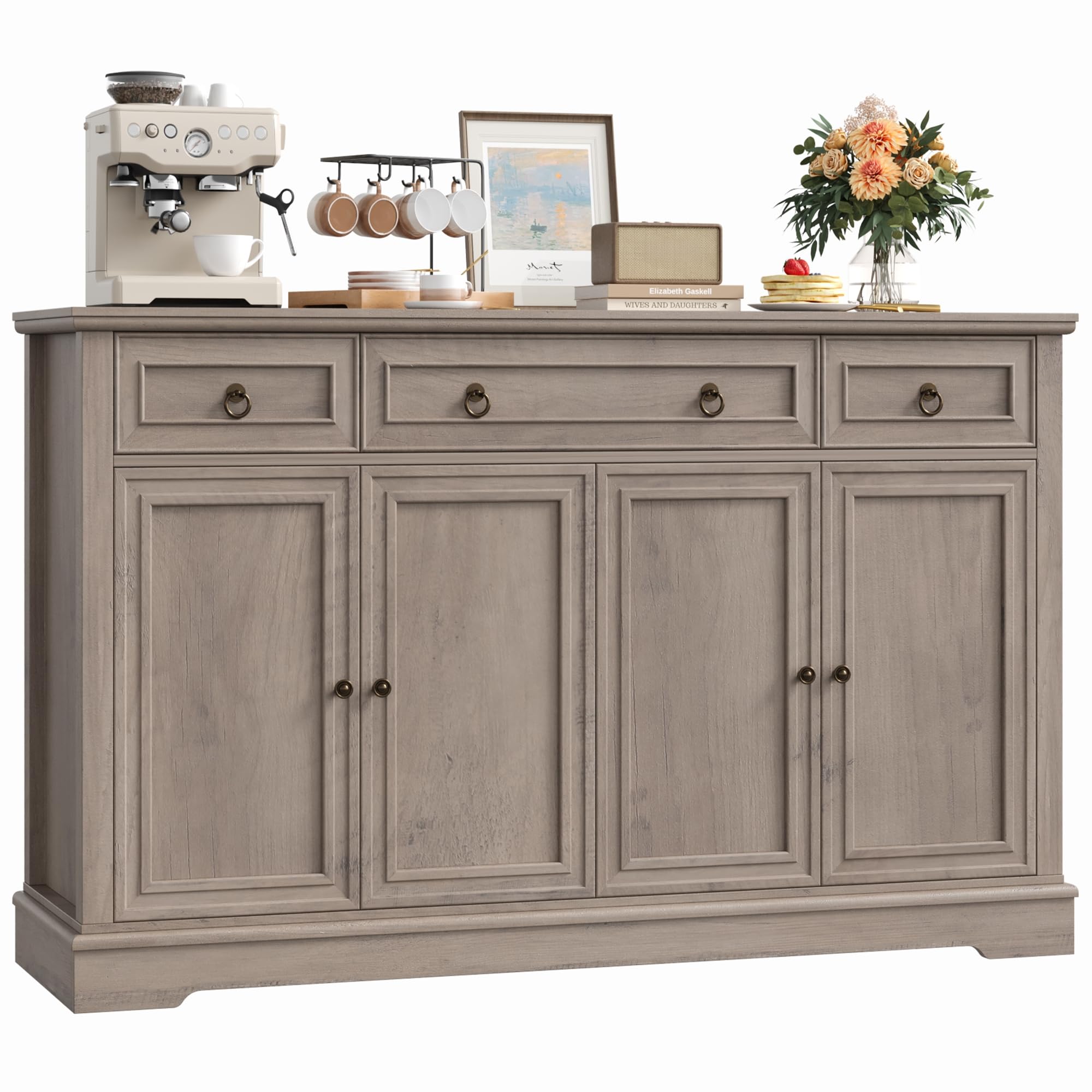 FirFurd Kitchen Sideboard Storage Cabinet Large Sideboard Buffet Cupboard with 3 Drawers 4 Doors Adjustable Shelf for Living Room Dining Room Furniture 134x40x87cm Ash Grey