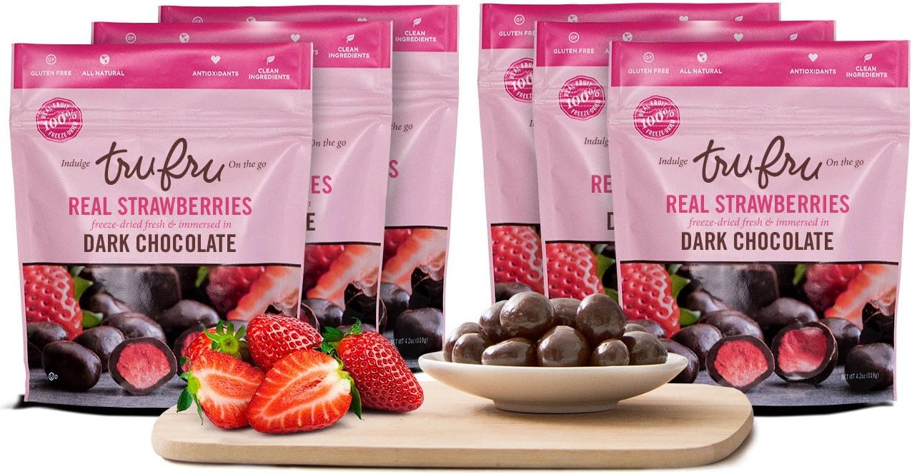 Tru Fru Dark Chocolate Dipped Freeze-Dried Real Strawberries (4.2 oz), 6-Pack Case