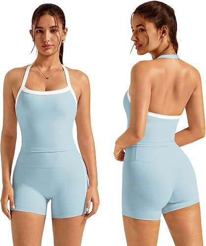 OMEWEE Womens workout sets 2 piece Halter Sports Bra and high waist Shorts Color Contrasting lines yoga matching set