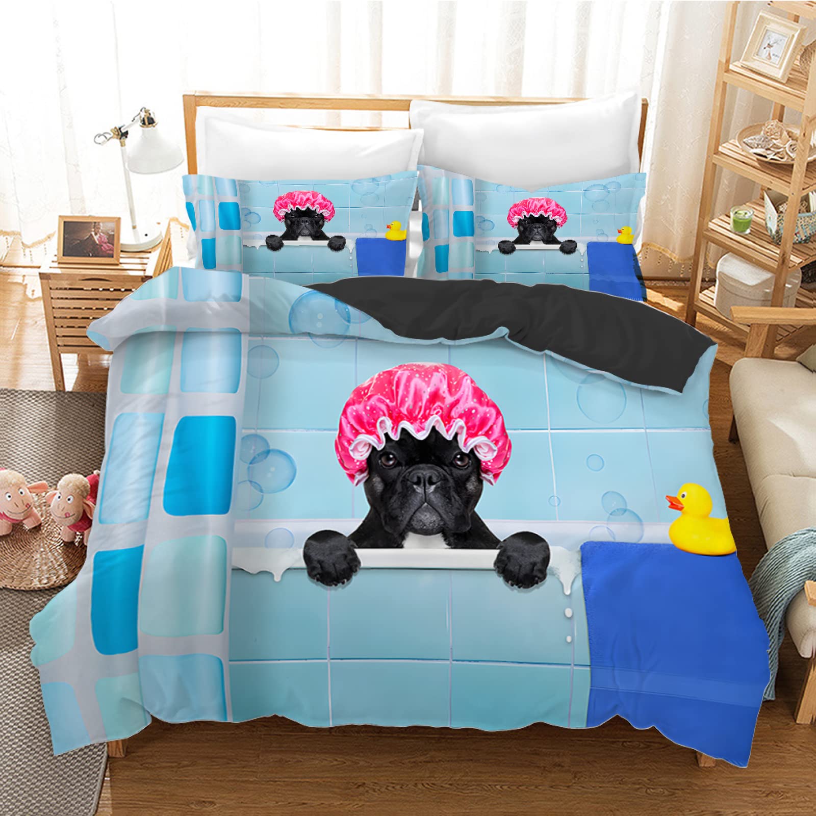 Housse de couette 220x240 bleu en microfibre anti-pli pour simplifier le lit des adultes