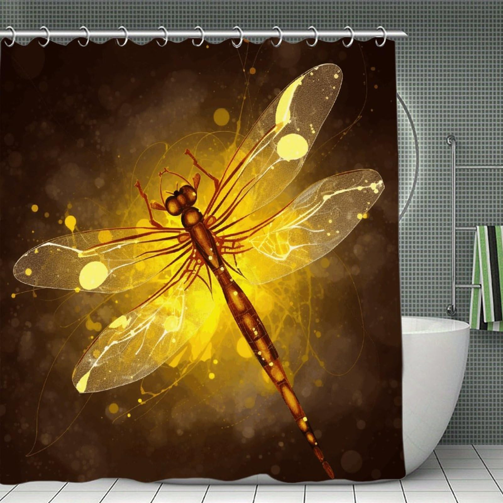 VstaDank Abstract Yellow Dragonfly Shower Curtain 71x71 Heavy Duty Polyester Cloth Bath Curtain with Hooks Thick Waterproof Shower Liner Fun Magic Decorative Bathroom Curtains for Bathtub