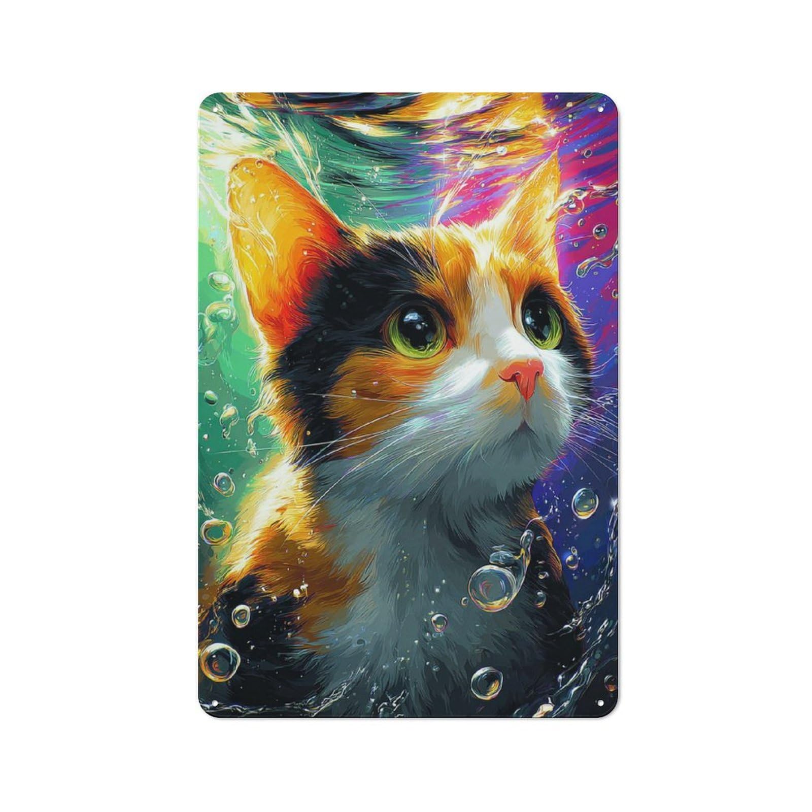 Junmoney Colorful Cat Underwater Artwork Retro Tin Sign 30X20cm For Dining Room Or Kitchen, Suited To Kitchen Wall Decor Lovers
