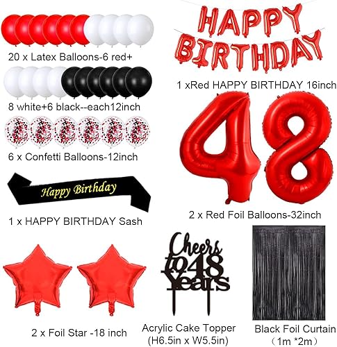 Miniatura 2 de Decoraciones rojas de cumpleaños número 48, pancarta de feliz cumpleaños, banda de felicitación a los 48 años, decoración de pastel número 48,