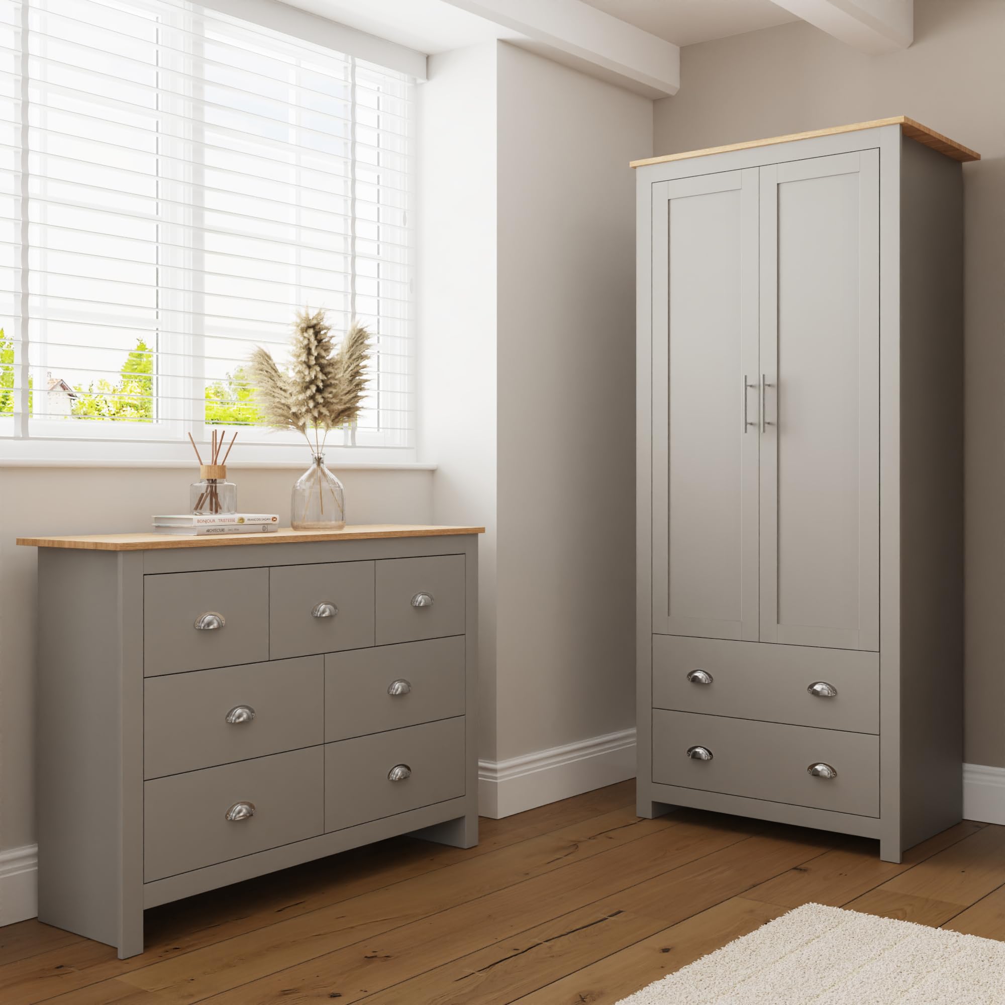 GFW Lancaster Grey & Oak Bedroom 2 Piece Furniture Set, 7 Drawer Chest & 2 Door 2 Drawer Wardrobe, Shaker Style Storage Package