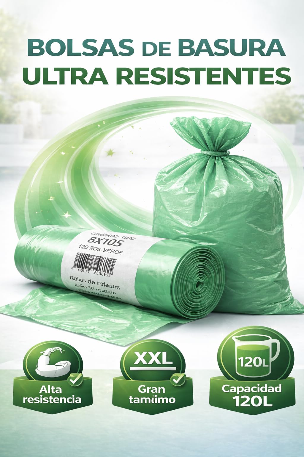 Bolsas de Basura Verdes 120L (85x105 cm) – Rollo de 10 Bolsas Resistentes | Bolsas Industriales para Contenedor Grande | Uso Doméstico y Profesional | Pack de 15, 30 o 60 Rollos (30)