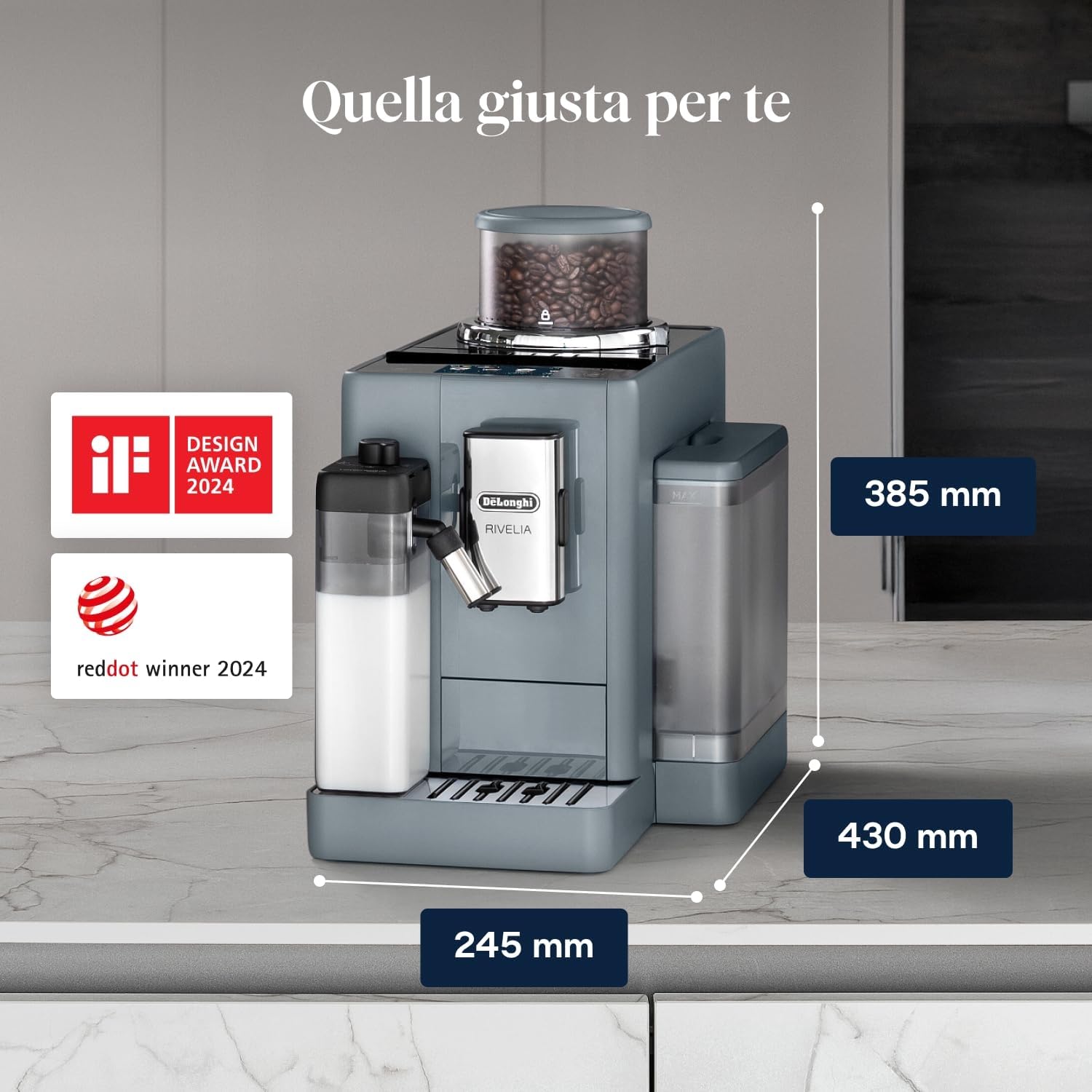 De’Longhi Rivelia – Perfetto Macchina da Caffè Automatica, LatteCrema Montalatte Automatico, 16 Bevande in un Solo Tocco, Display Touch a Colori, Contenitori Intercambiabili, Grigio (EXAM440.55.G) - 2