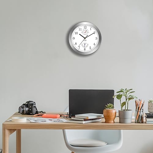 Miniatura 6 de HITO Reloj de pared silencioso Reloj de pared silencioso con marco de metal y tapa de cristal de 10 pulgadas