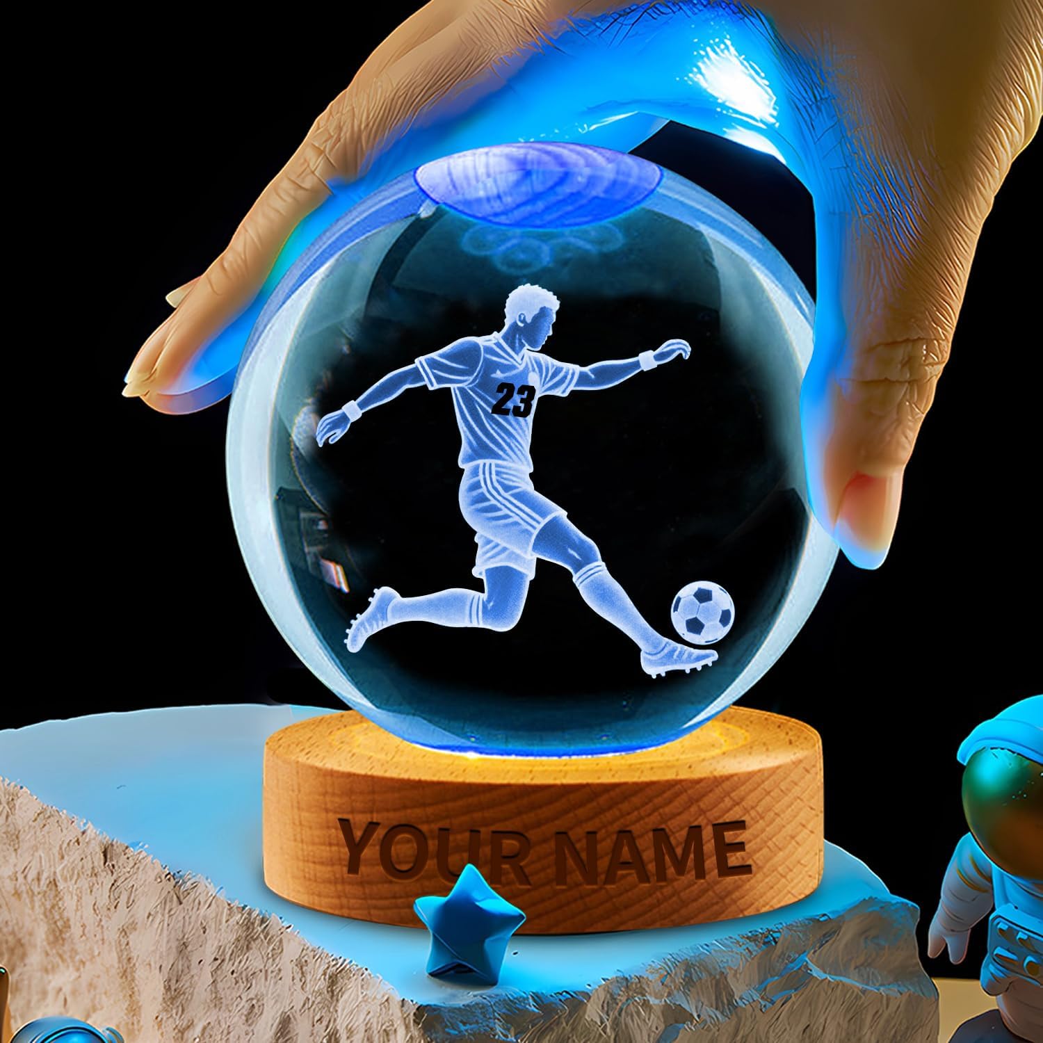 Personalized Rugby Crystal Ball Night Light,Custom Name Number Football Snow Globes Lamp,Engraved Crystal Ball Light Room Decor,Sport Gifts for Boys Girls Christmas Birthday