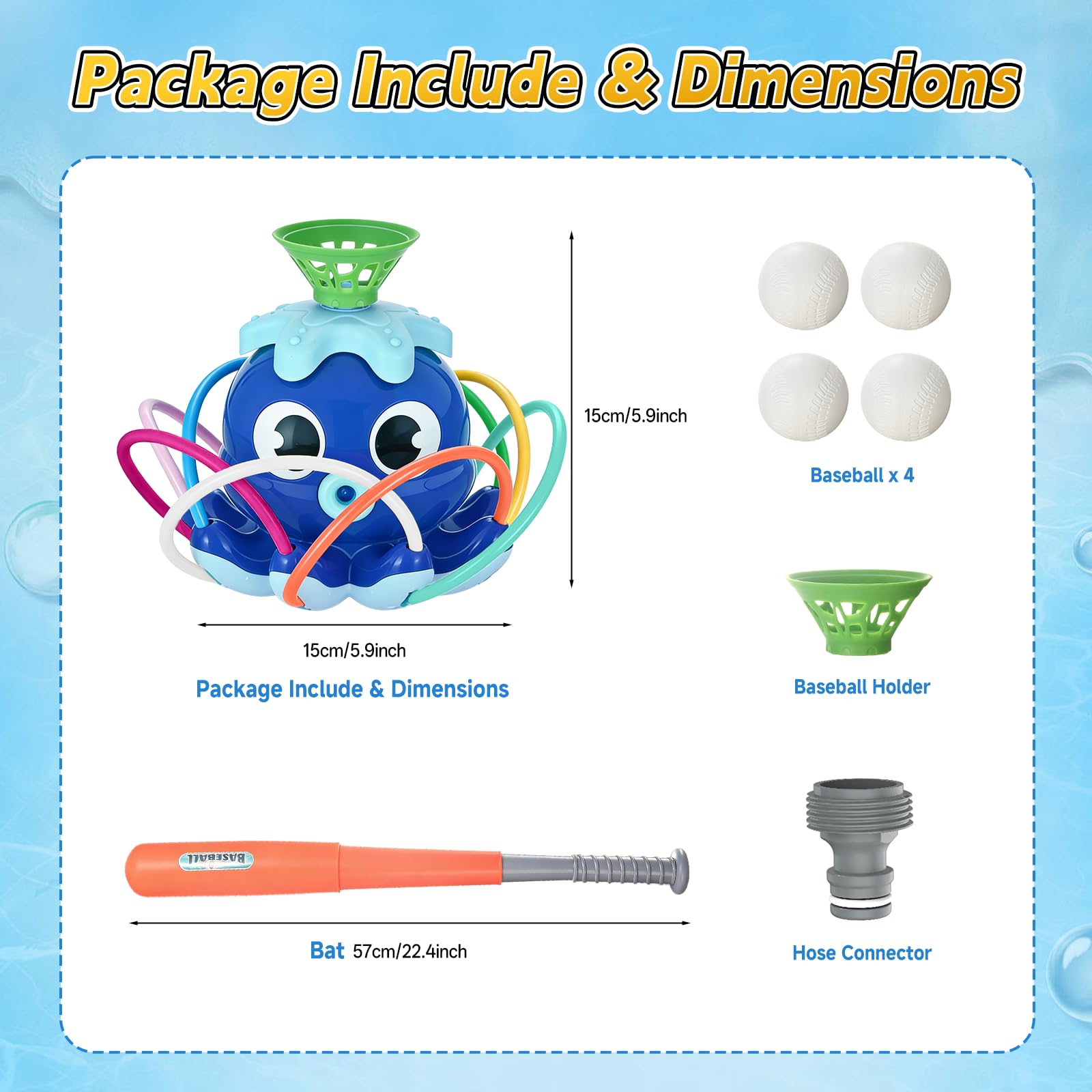 Wassersprinkler Baseballspielzeug, Octopus Kids Wassersprinkler T-Ball-Set mit Schläger 4 Bällen 2-in-1 Sommer Spielzeug für Draußen Rasenspiele für Kinder von 3 bis 12 Jahren (Blau)