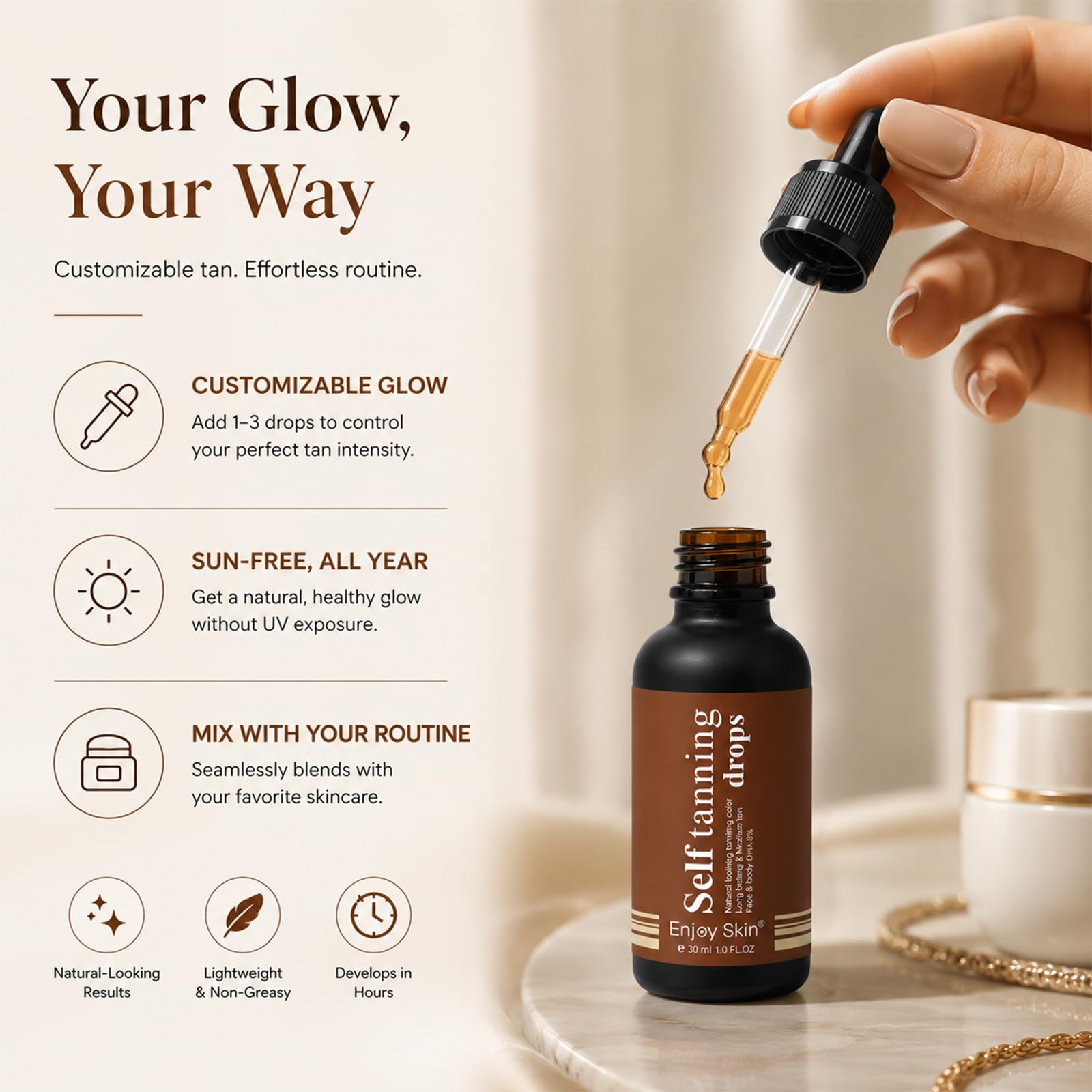 30ml Self Tanning Drops, Gotas Autobronceadoras, Brillo Bronceado para Todo Tipo de Pieles, Bronceado Personalizado, un Efecto de Bronceados sin Tomar el Sol(Marrón)