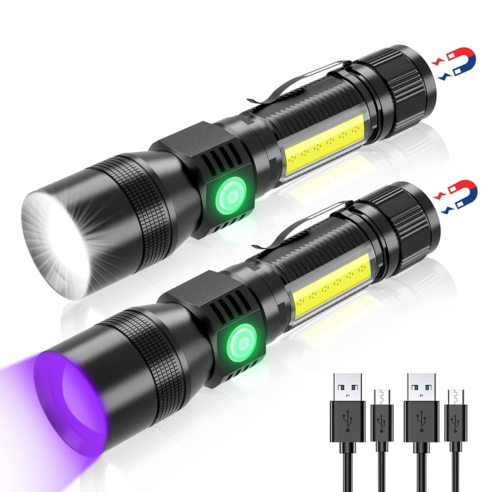 PROTON UV Flashlight Black Light, 3 in 1 Super Bright Small Rechargeable Flashlights 3000 High Lumens, Waterproof Magnetic LED Flashlight, 7 Modes Pocket Flash Light (2 Pack Uv Flashlight)