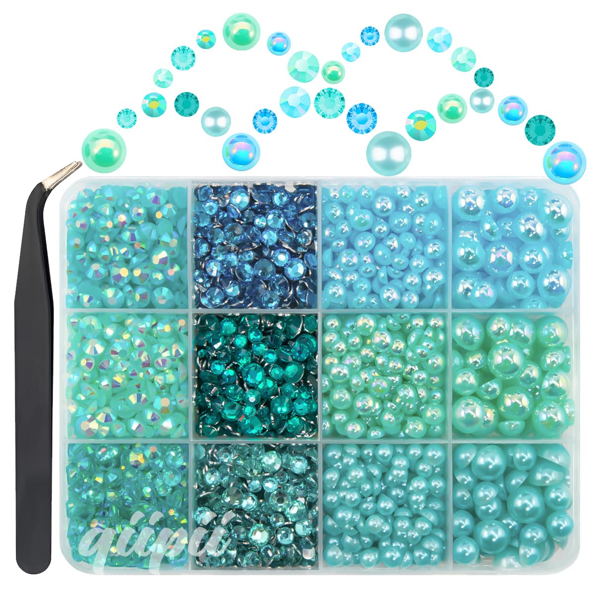 qiipii Turquoise Blue 3mm-8mm Flatback Pearls and Resin Rhinestones for Bedazzling Crafting Half Pearls Stones Diamonds Gems Crystals Bedazzler Kit for Nails Face Eyes Makeup Tumblers Bottles Crafts-image-48
