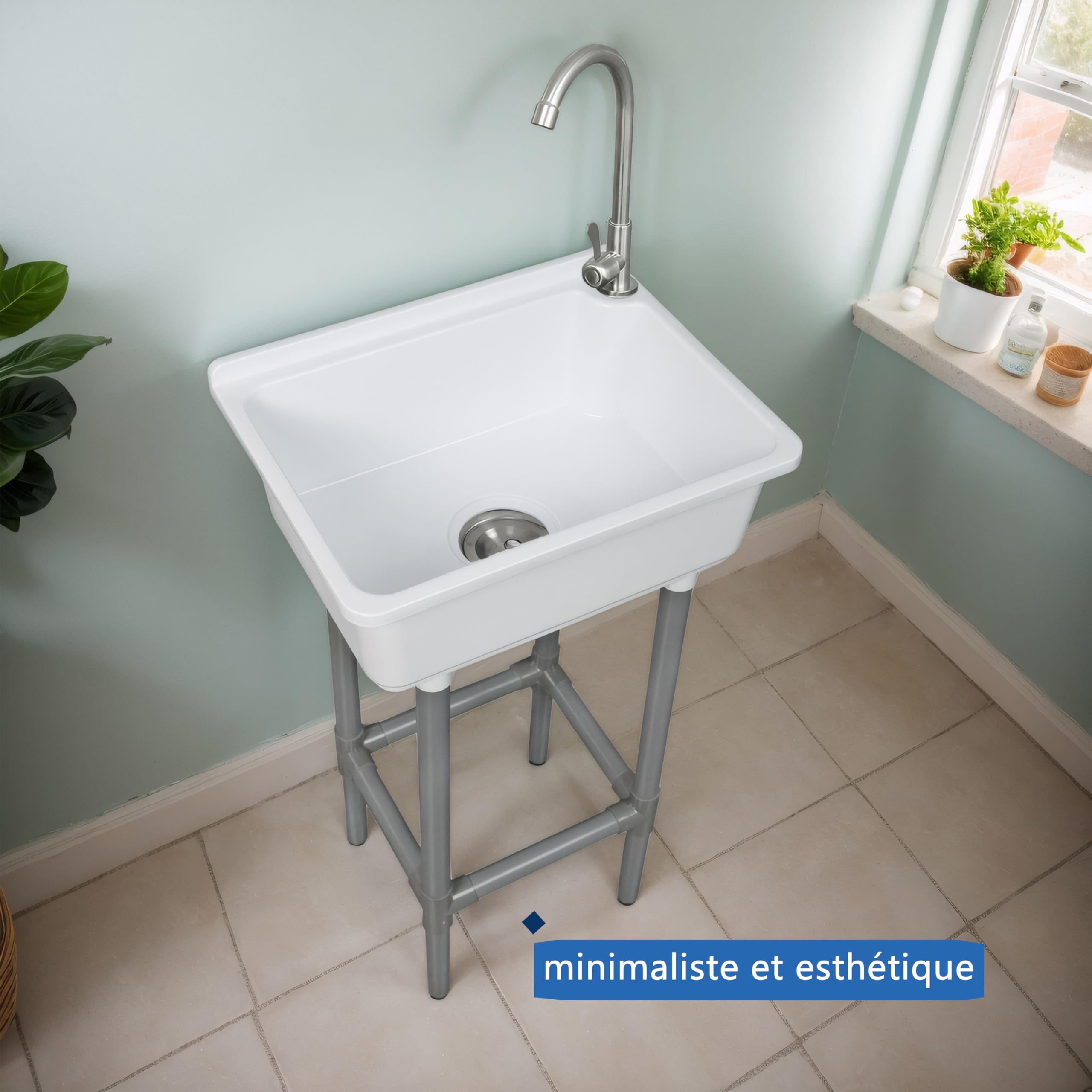 Évier utilitaire mural 42x32 cm cuve unique plastique avec trou robinet 3,2 cm