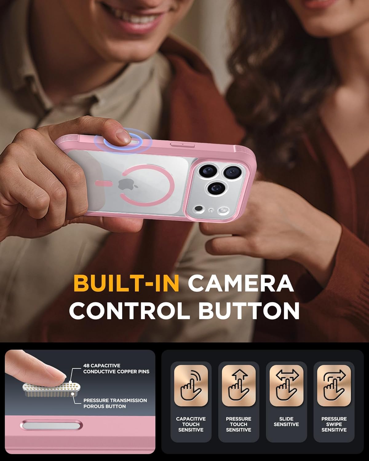 Miracase Magnetic for iPhone 17 Pro Case 6.3" [Compatible with MagSafe] Full-Body Phone Case with Built-in Glass Screen Protector & Camera Control,Drop Proof iPhone 17 Pro Cover, Pink - Image 3