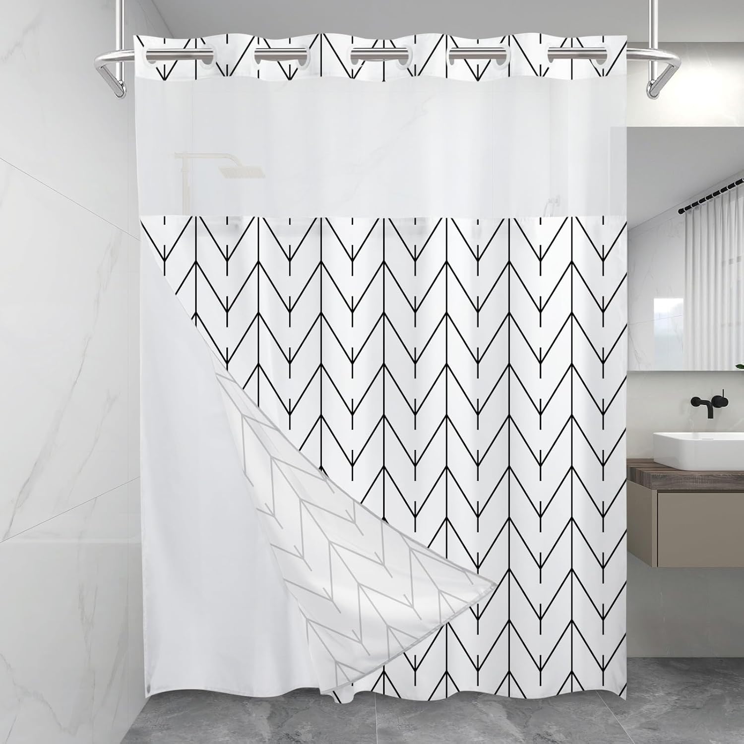 No Hook Geometric Striped Shower Curtain with Snap in