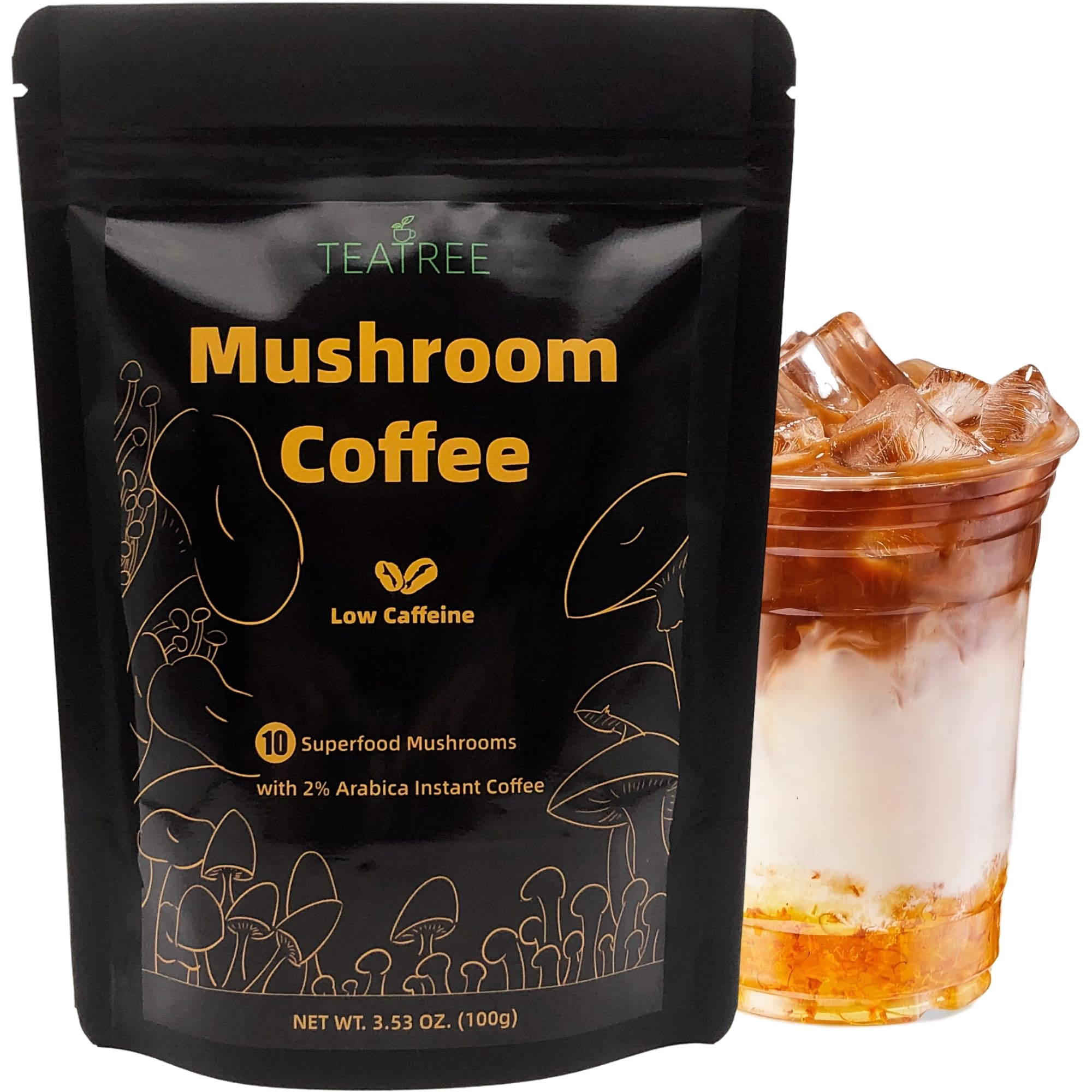 TEATREE Mushroom Coffee (3.53 oz / 100g), 10 Superfood Mushrooms Extract Powder Supplement Blend Instant Coffee for Energy, Focus, and Immune Support, Coffee Substitute Low Caffeine