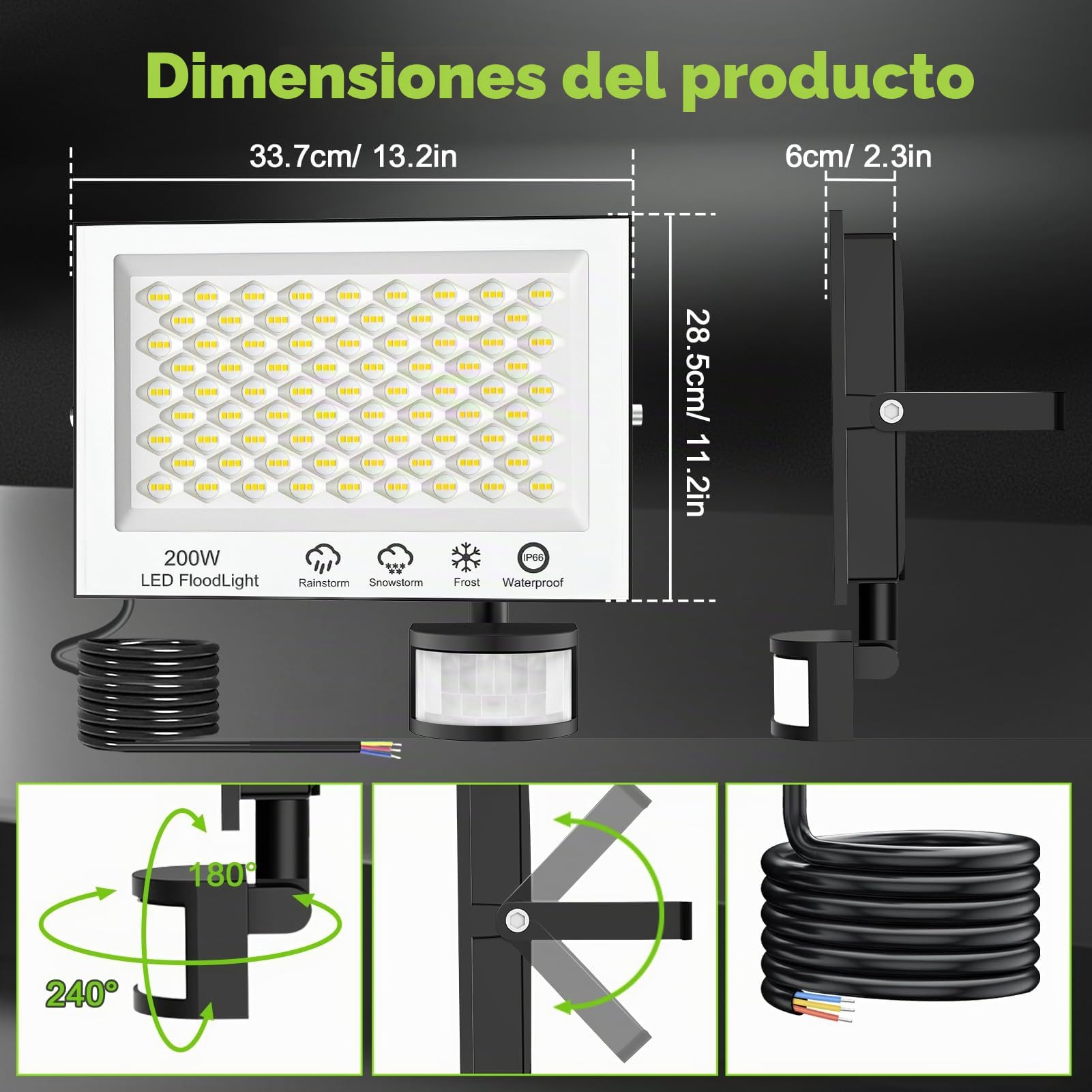 Foco LED con Sensor de Movimiento 200W 20000LM - Exterior Super Brillante IP66 Impermeable con Brillo Ajustable 6500K Blanco Frío para Casa, Garaje, Patio 2 Pack