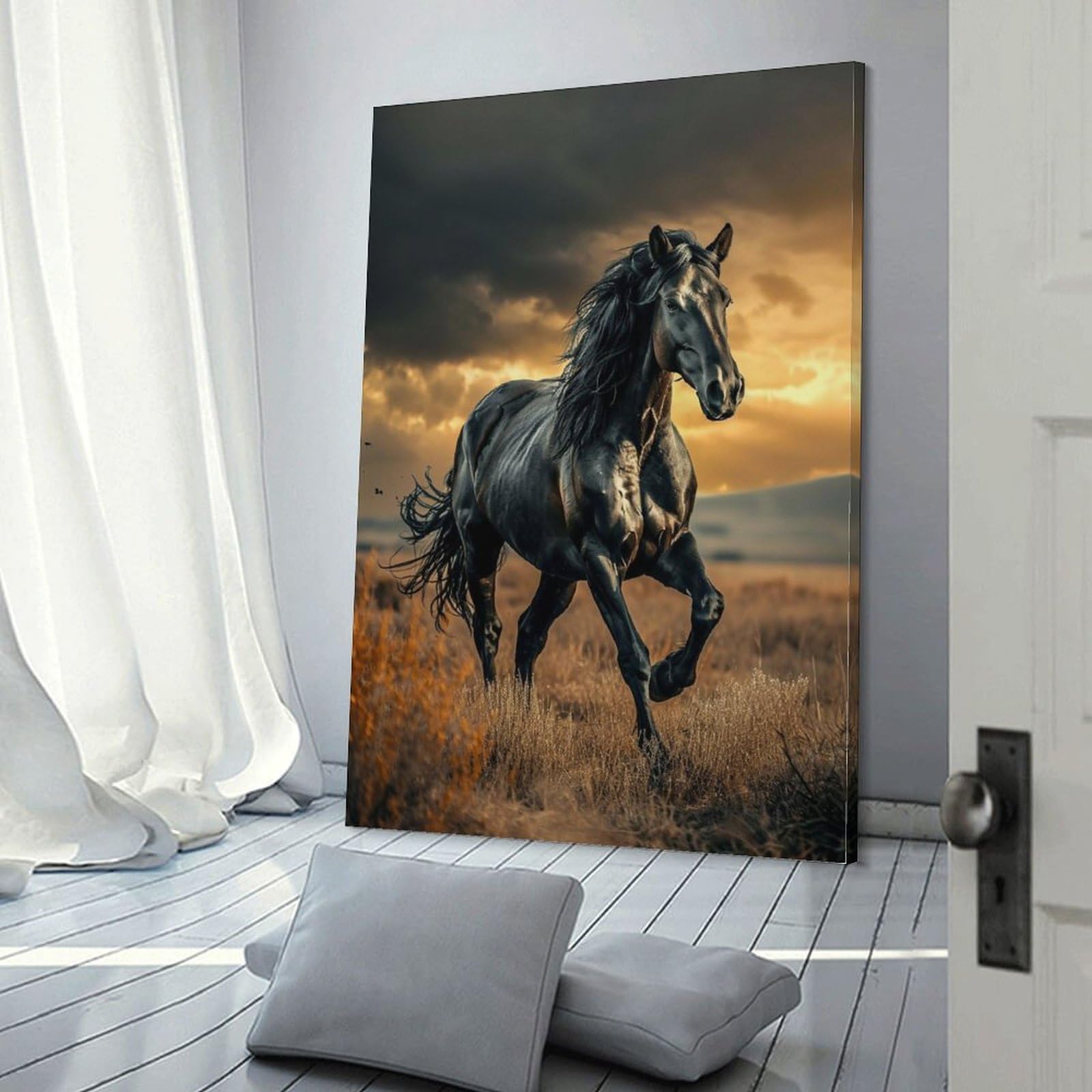 Amazon.co.jp: 絵画 黒い馬が草原を疾走するインテリア 絵画 動物