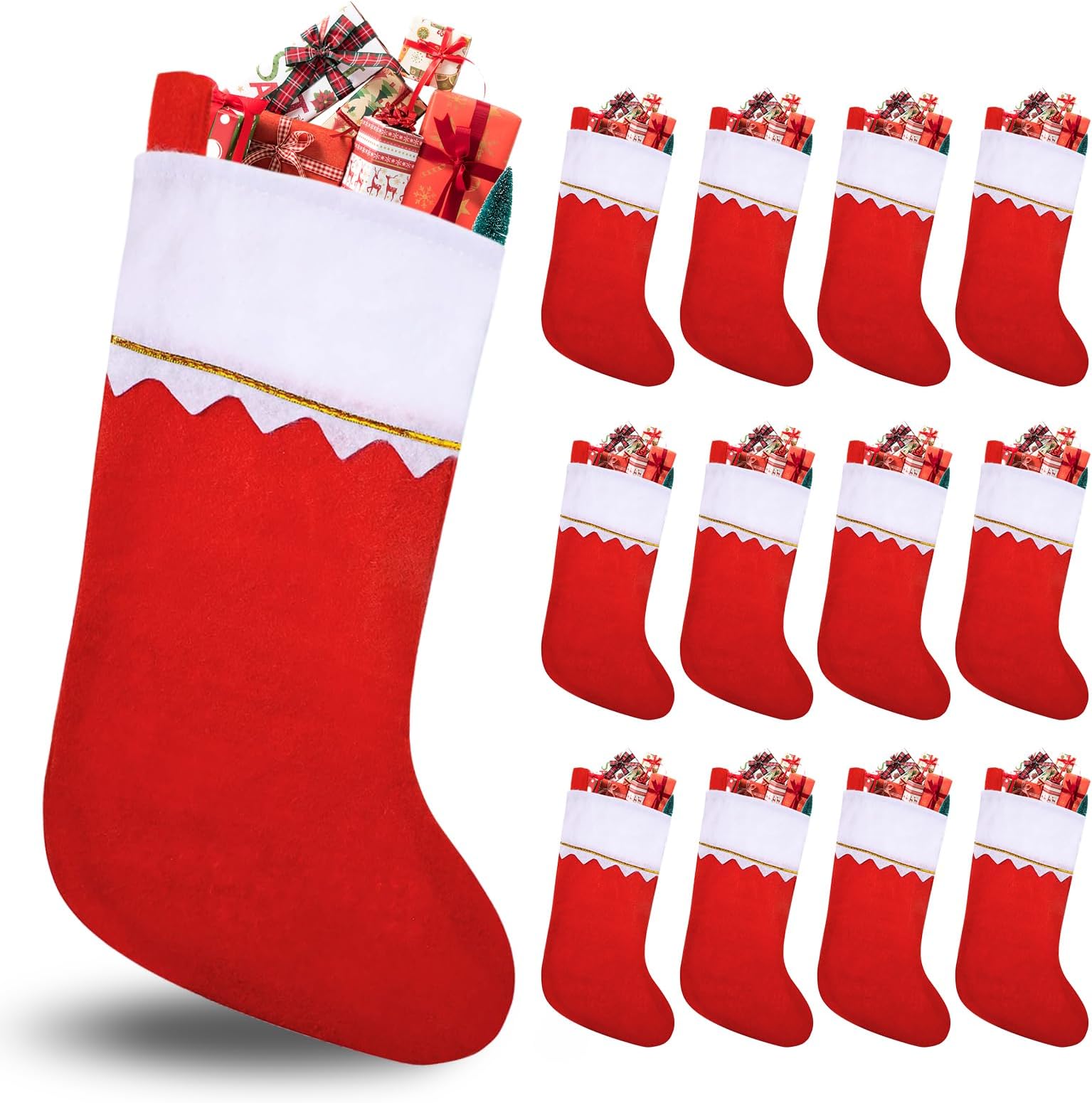 HOOPE 12 Pack Red Felt Christmas Stockings Bulk 15" Xmas Fireplace Santa Socks Christmas Tree Hanging Stockings Decoration Classic Red and White