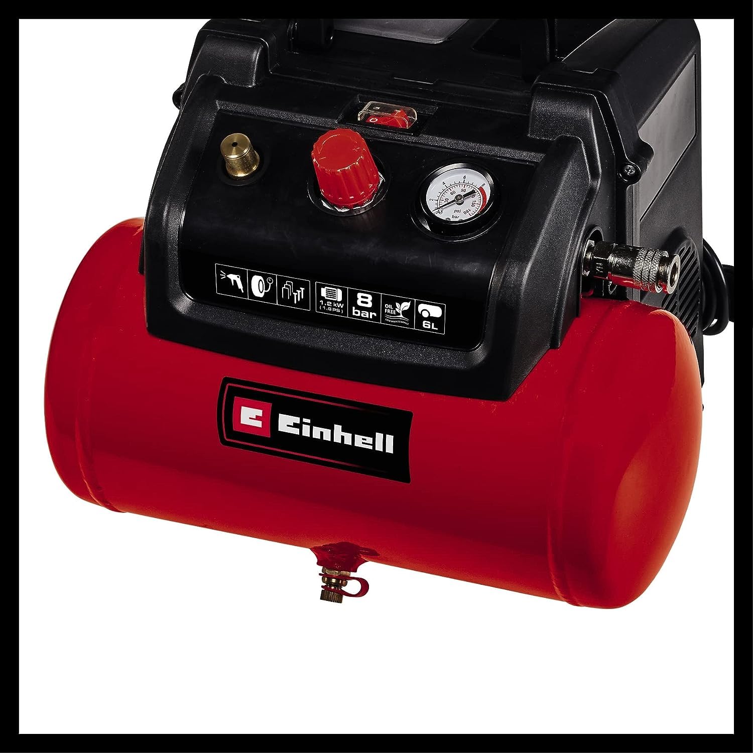 Einhell Kompressor TC-AC 190/6/8 (1,2 kW, max. 8 bar, 190 L/min Ansaugleistung, 6 Liter Tank, ölfreie Pumpe, Manometer, Schnellkupplung)