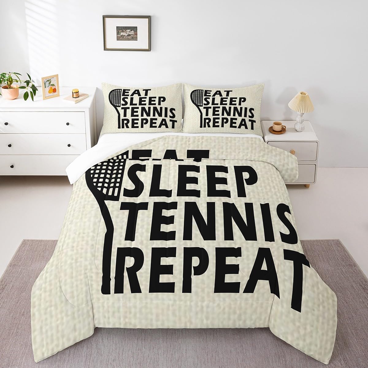 Castle Fairy Kids Tennis Comforter Queen,Rustic Farmhouse Tennis Racket Silhouette Quilt Comforter with 2 Pillowcases,Outdoor Sport Theme Bedding Set Comfortable,Soft and Breathable