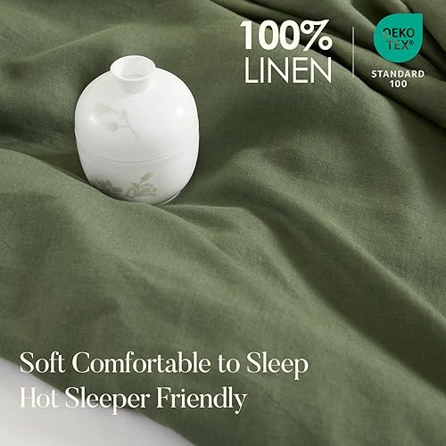 Miniatura 2 de DAPU - Juego de funda de edredón de 100% lino francés puro, con 8 lazos en las esquinas y cierre de cremallera, transpirable y duradero, 1 funda de