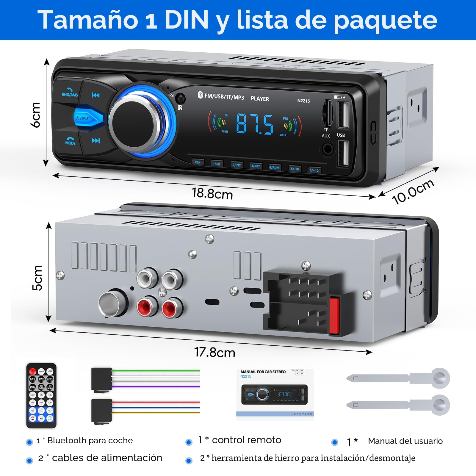 Radio Coche Bluetooth,CENXINY Autoradio Bluetooth1DIN Radio Coche soporta FM/2USB/MP3/AUX/SD/TF/Control Remoto