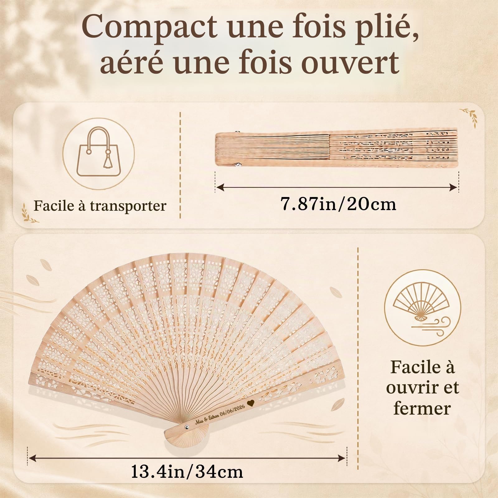 Lot de 50 Eventail Mariage Personnalisable,Éventail Personnalisable | Evantaille Bois avec Nom Texte ou Date,Cadeaux Invités Mariage,Souvenirs EVJF,Baby Shower,Décoration Cérémonie Fêtes d'Été