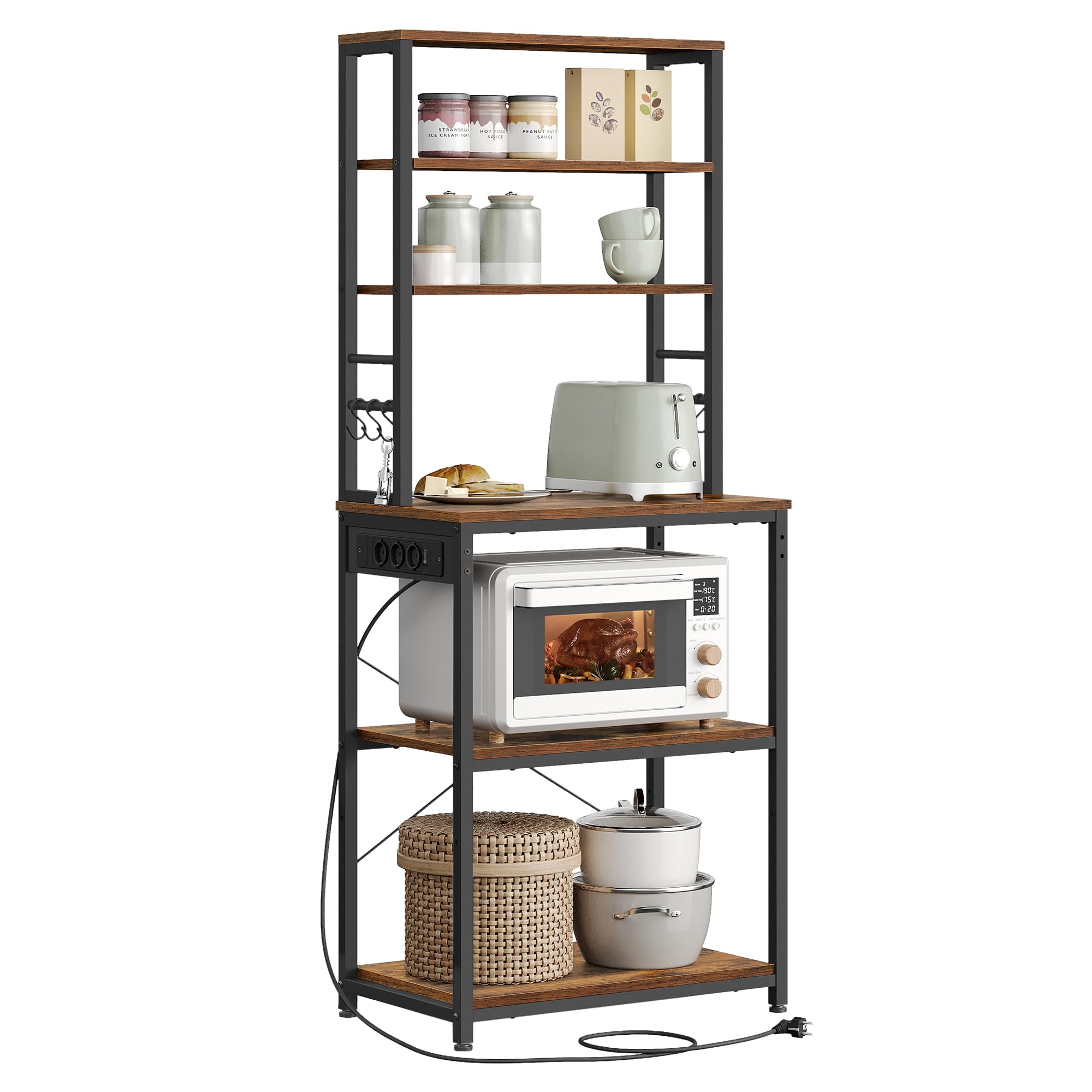 VASAGLE Scaffale da Cucina con Ciabatta, Supporto per Forno a Microonde, Portaoggetti a 6 Ripiani con 6 Ganci per Bar, in Acciaio, 40 x 60 x 167 cm, Marrone Vintage e Nero Inchiostro KKS124K01