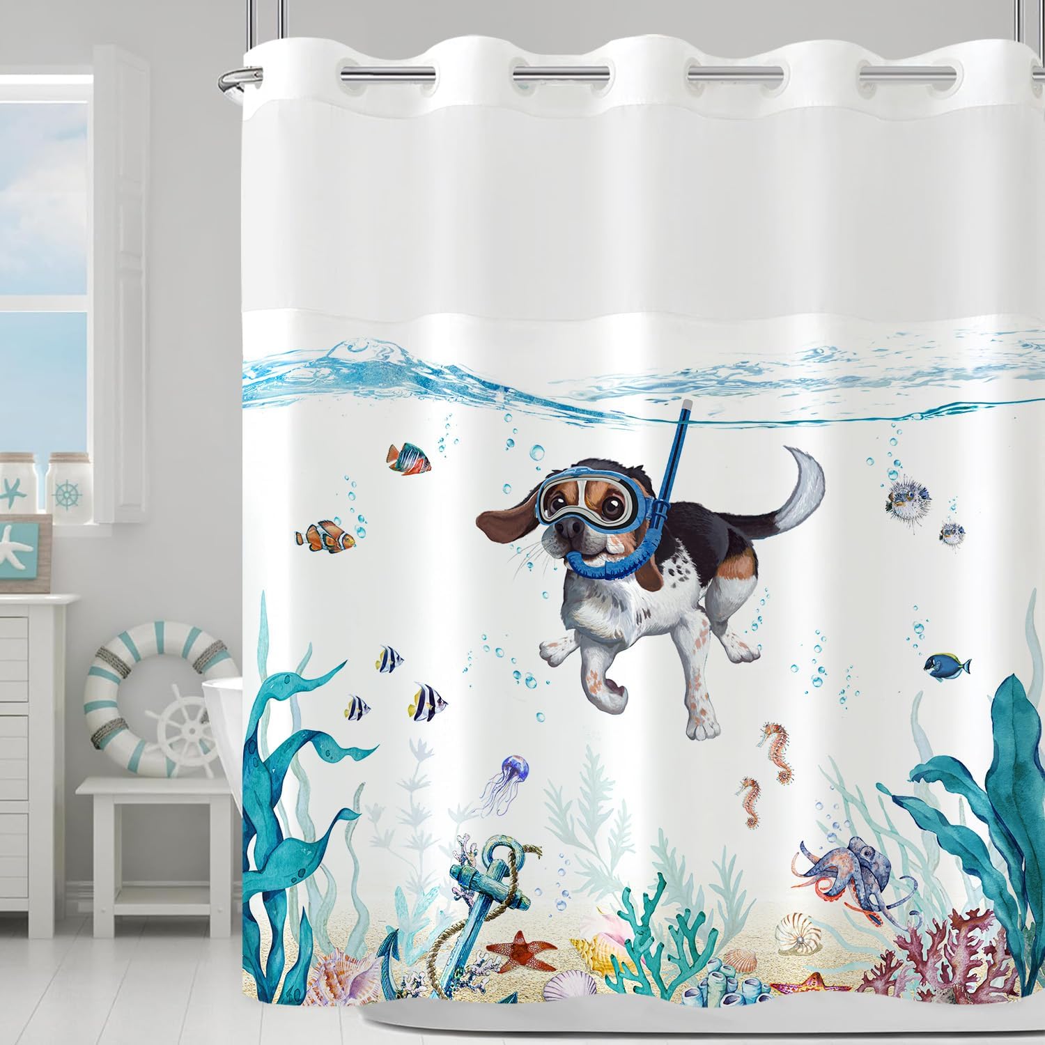 No Hook Shower Curtain with Snap in Liner, Funny Dog Nautical Animal Octopus Starfish Turtle Fish Curtains Set with Waterproof Inner Liner for Bathroom, Teal Blue Cute Sea Ocean 72×74 inches