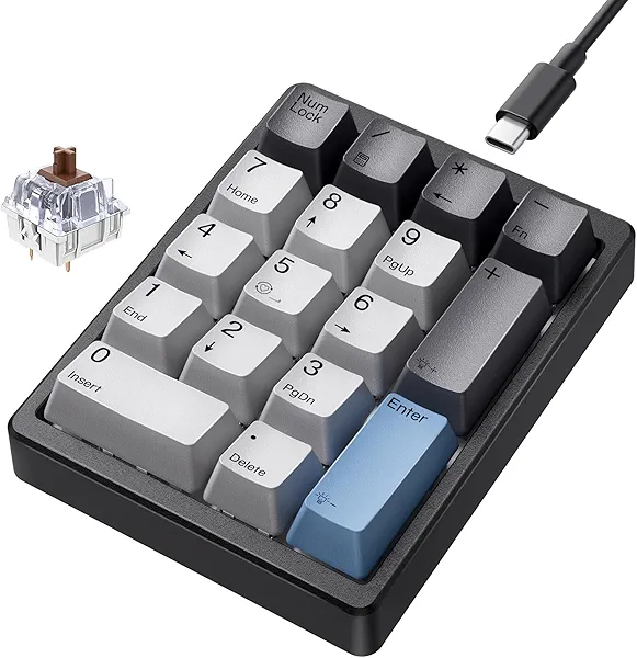 Kisnt Mechanical Number Pad,Hot Swappable Numpad Wired USB 17 Keys Keypad White Backlit Numeric Keypad with PBT Keycaps for Laptop PC Compact Keyboards (Black, Brown Switch)