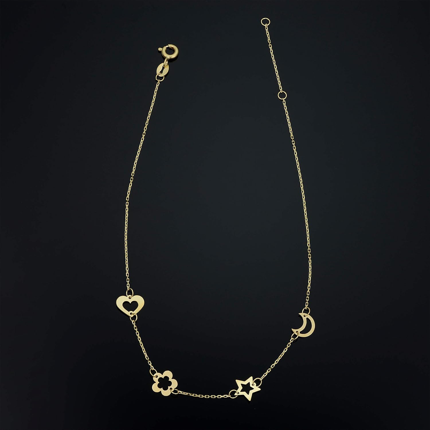 Kooljewelry 14k Yellow Gold Moon Star Flower Heart Ankle Bracelet (adjusts to 9 or 10 inch)