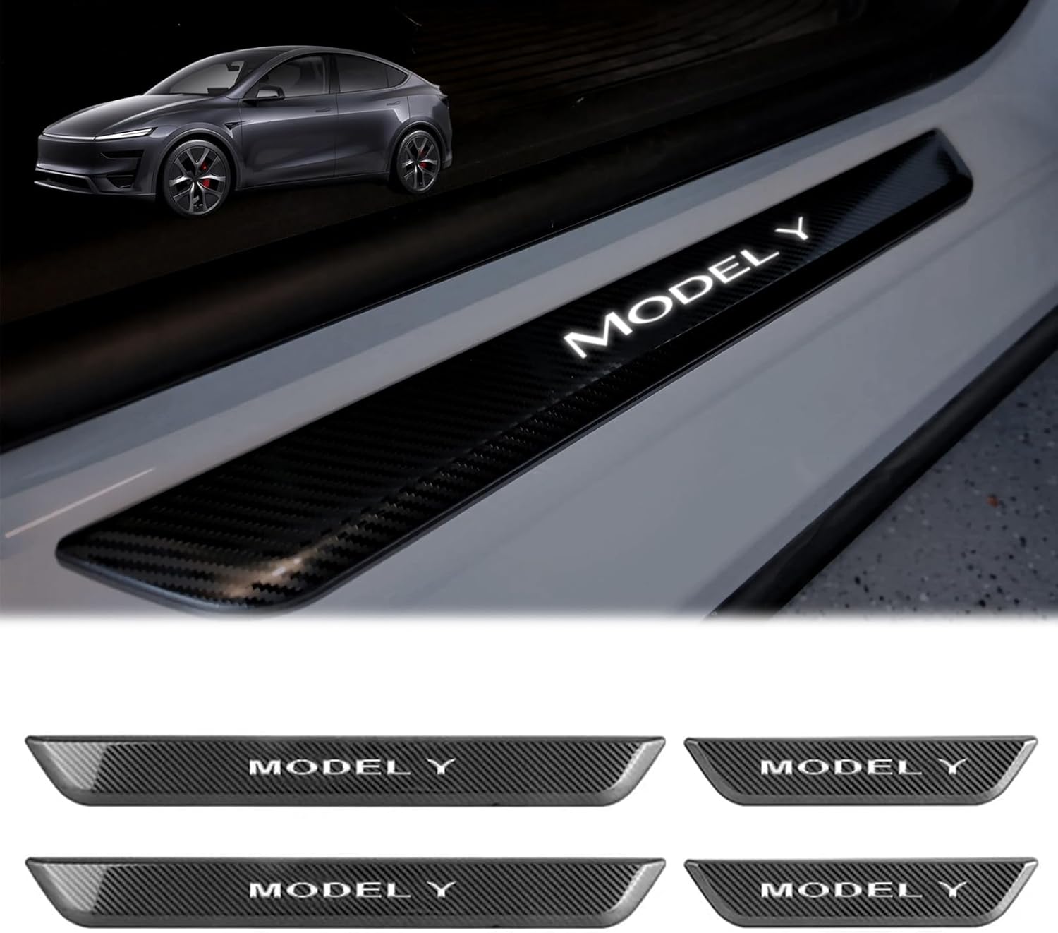 HANSSHOW LED Illuminated Door Sill Covers Protector fit for Tesla Model Y Juniper 2025.03+ Carbon Fiber Pattern Welcome Pedal for Juniper Accessories (4PCS)