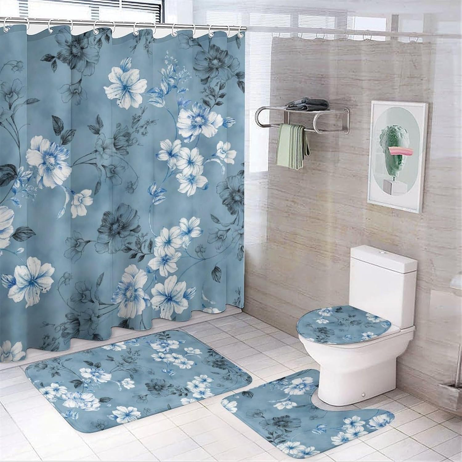 Tapis et rideau de douche bohème artistique aux motifs de fleurs rétro de qualité