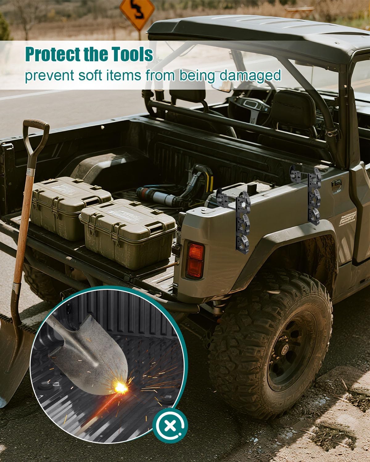 UTV Tool Hooks Rack Bed Mount Shovel Holder Compatible with Polaris Ranger and General, Dual Tool Holder Farm Tool Storage 4 Tools, Heavy Duty Weatherproof