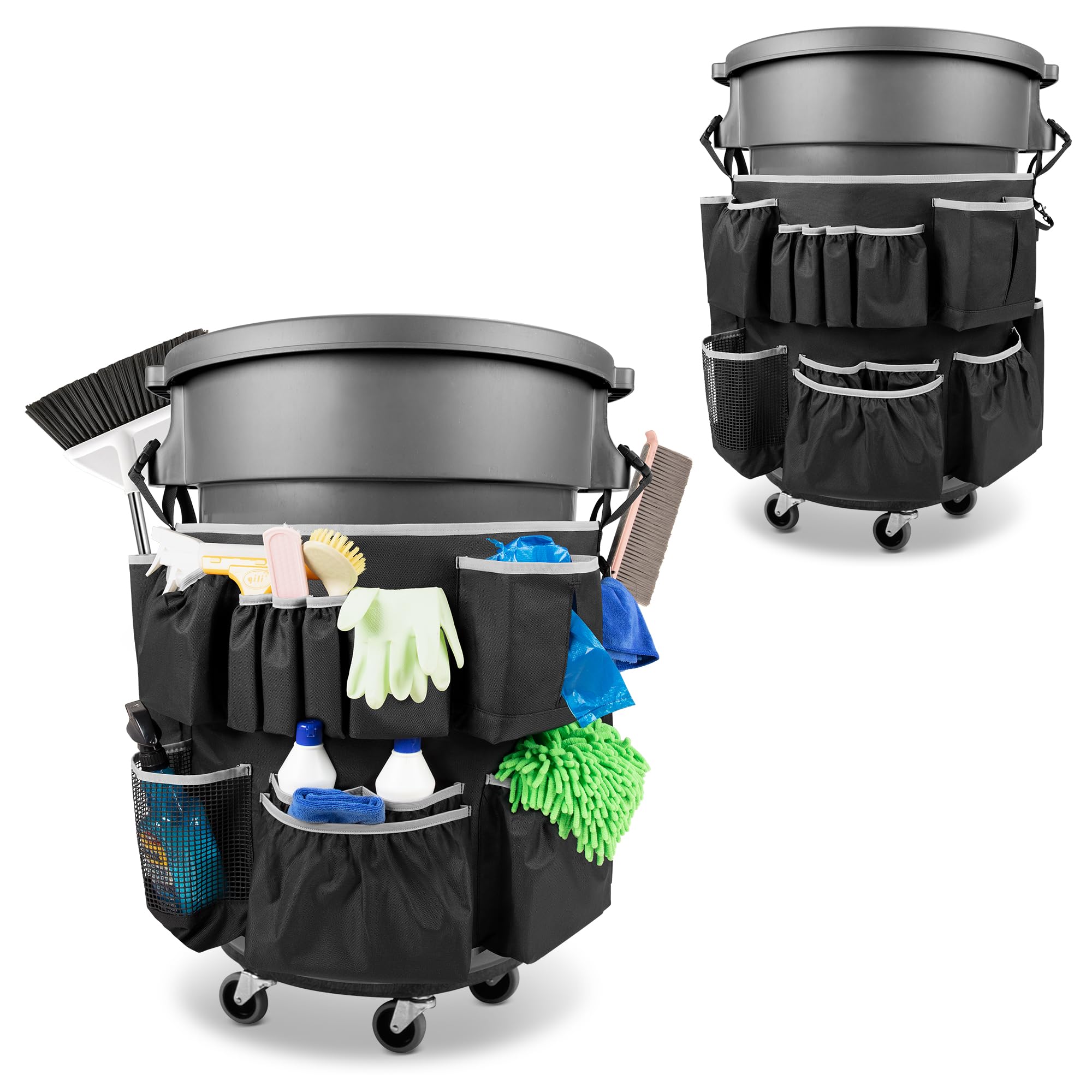 HODRANT Trash Can Caddy Bag Fit 32-55 Gallon Garbage Bin, Cleaning Caddy Bag with Adjustable Buckle for Industrial Trash Can, 13 Pockets Cleaning Tool